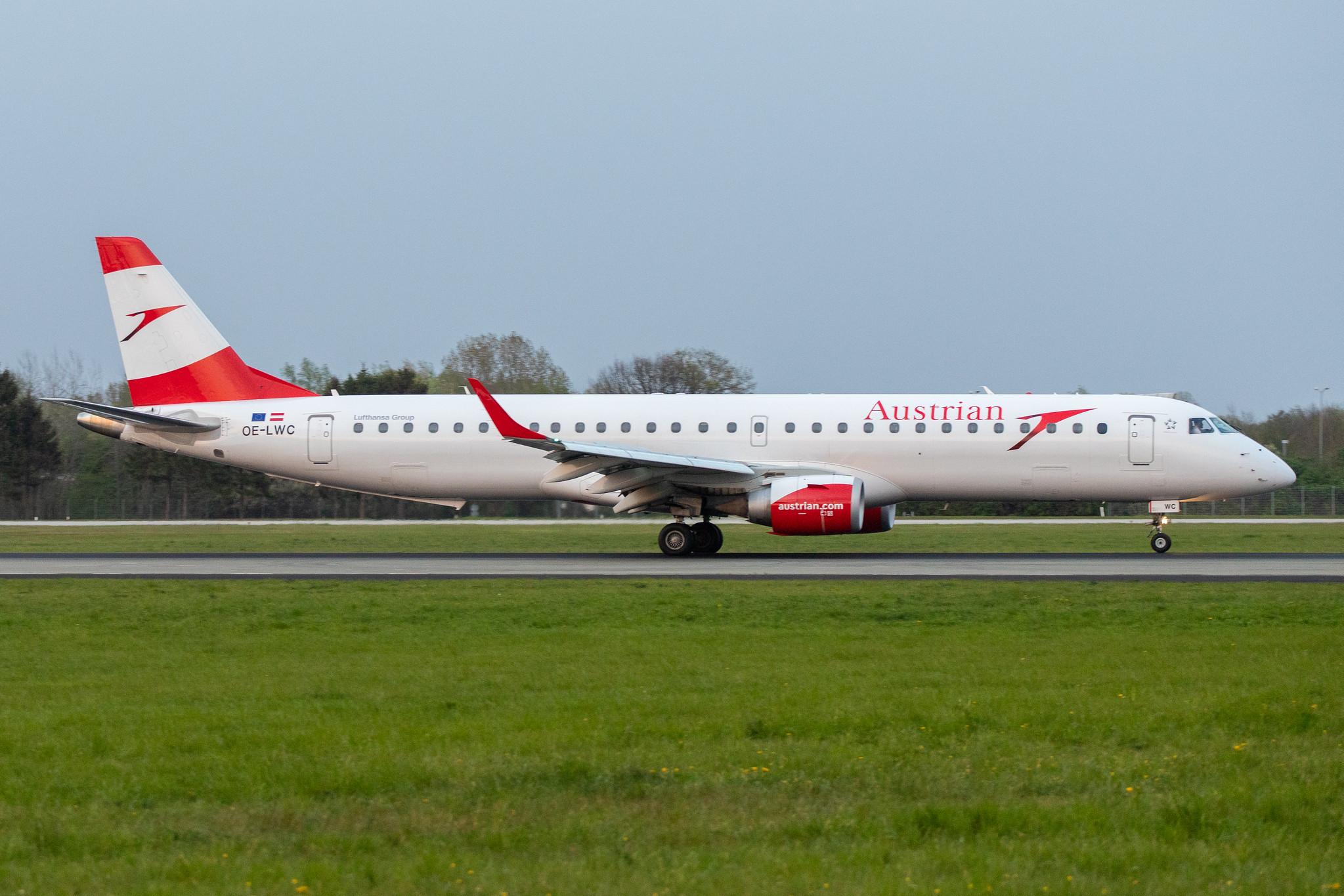 Hamburg Airport: Austrian Airlines (OS / AUA) |  Embraer E195LR E195 | OE-LWC | MSN 19000350