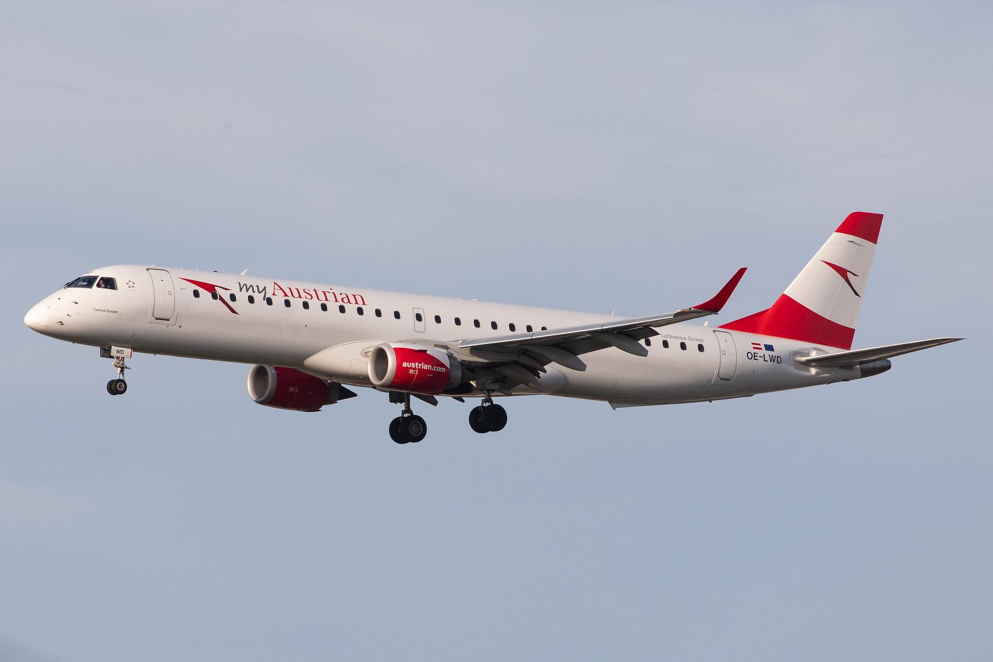 Frankfurt Airport: Austrian Airlines (OS / AUA) |  Embraer ERJ-195LR E195 | OE-LWD | MSN 19000411
