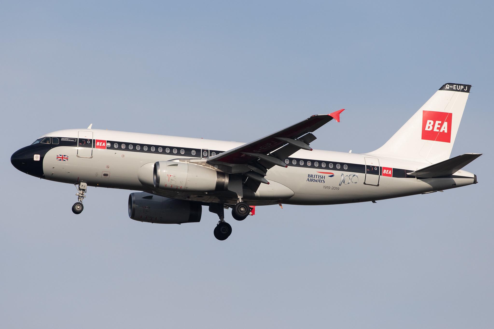 London Heathrow Airport: British Airways (BA / BAW) |  Livery: BEA Retro Livery |  Airbus A319-131 A319 | G-EUPJ | MSN 1232
