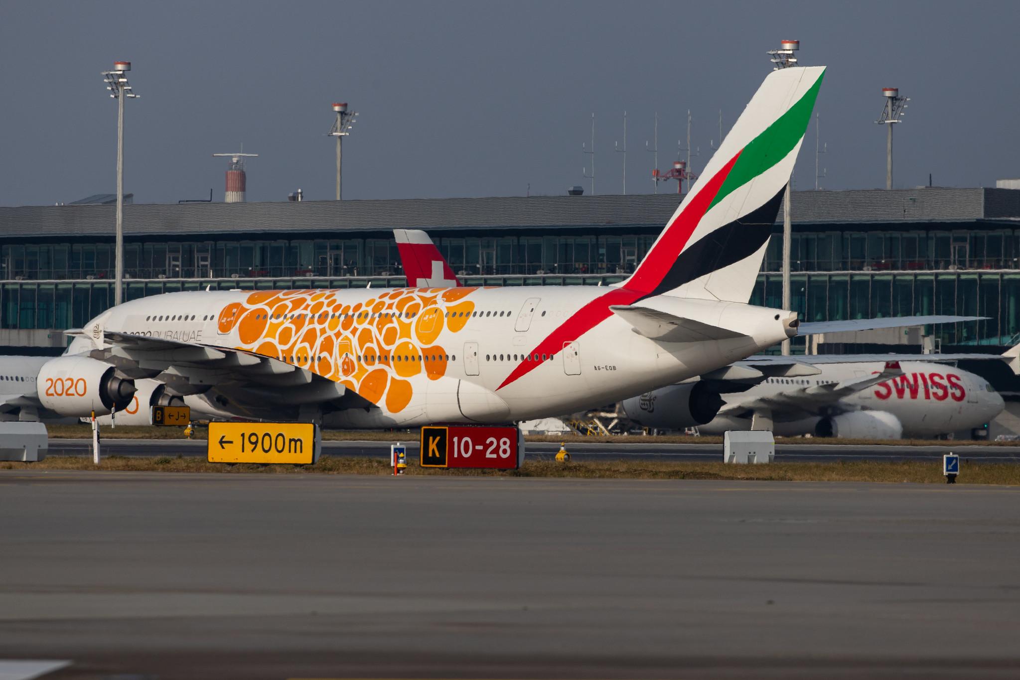 Flughafen Zürich: Emirates (EK / UAE) |  Livery: Expo 2020 - Opportunity Livery |  Airbus A380-861 A388 | A6-EOB | MSN 164