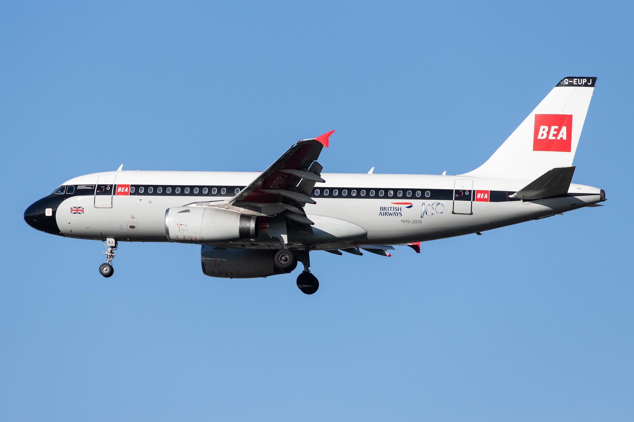 London Heathrow Airport: British Airways (BA / BAW) |  Livery: BEA Retro Livery |  Airbus A319-131 A319 | G-EUPJ | MSN 1232