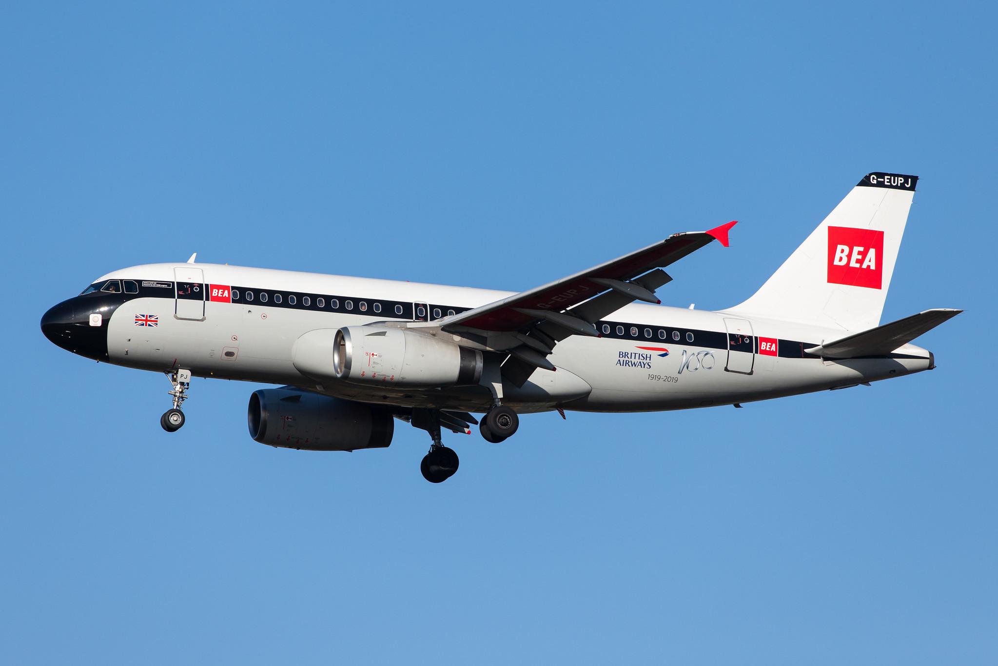 London Heathrow Airport: British Airways (BA / BAW) |  Livery: BEA Retro Livery |  Airbus A319-131 A319 | G-EUPJ | MSN 1232