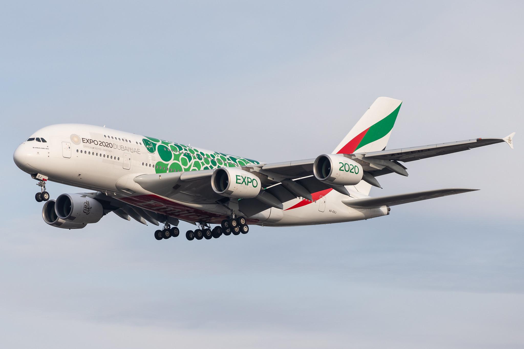 London Heathrow Airport: Emirates (EK / UAE) |  Livery: Expo 2020 - Sustainability Livery |  Airbus A380-861 A388 | A6-EOJ | MSN 182