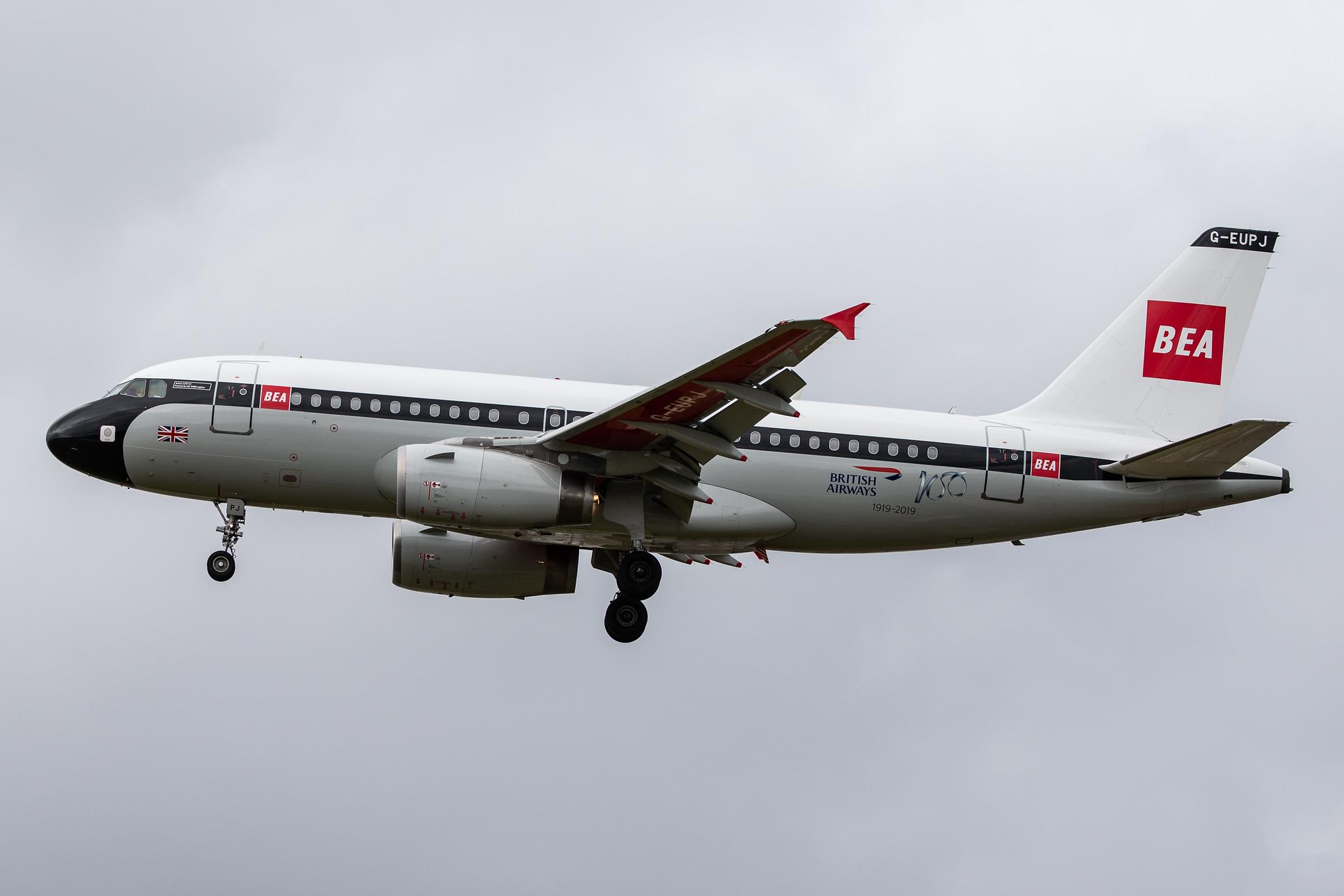London Heathrow Airport: British Airways (BA / BAW) |  Livery: BEA Retro Livery |  Airbus A319-131 A319 | G-EUPJ | MSN 1232