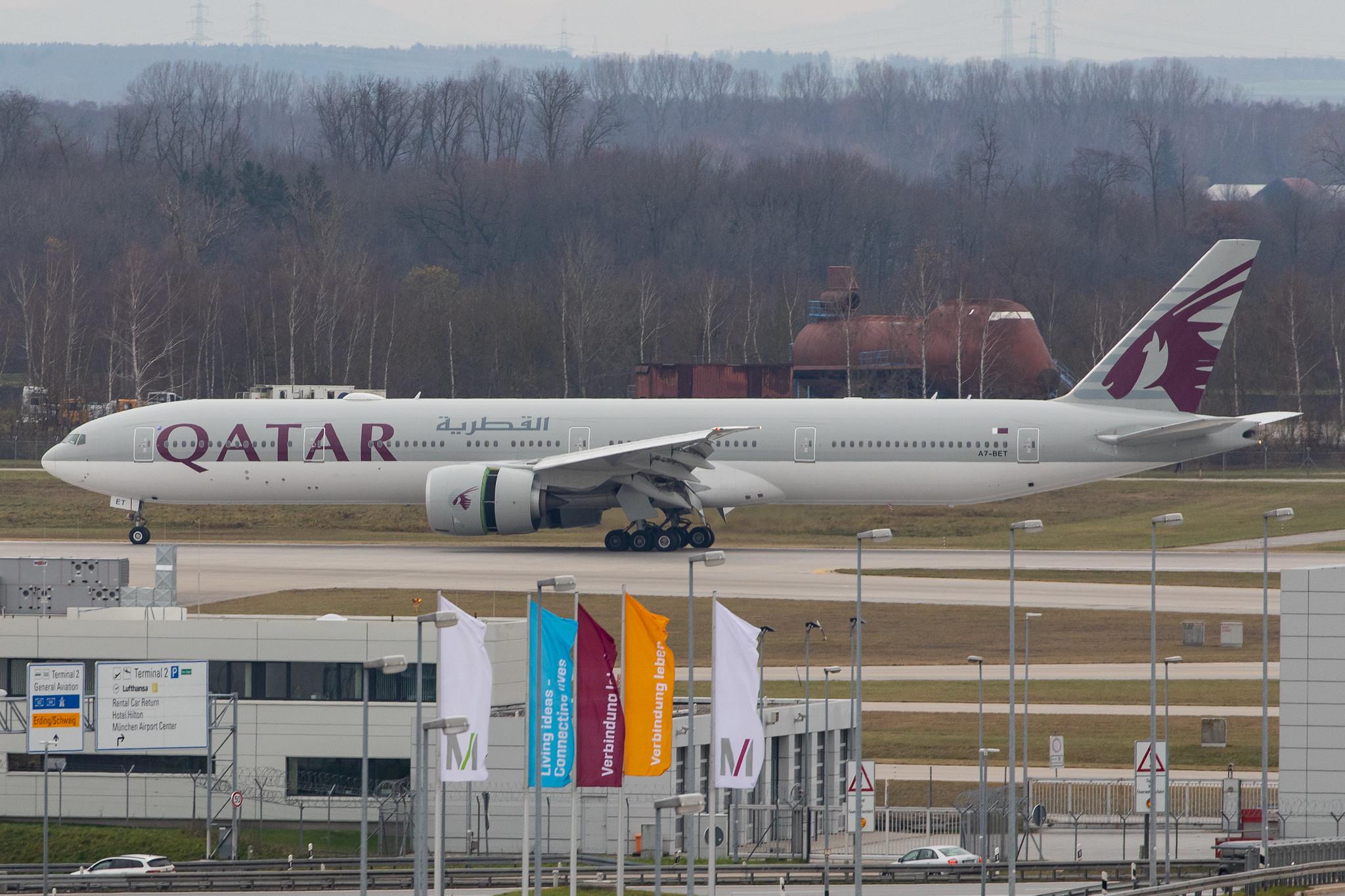 Munich Airport: Qatar Airways (QR / QTR) |  Boeing 777-3DZ(ER) B77W | A7-BET | MSN 64087