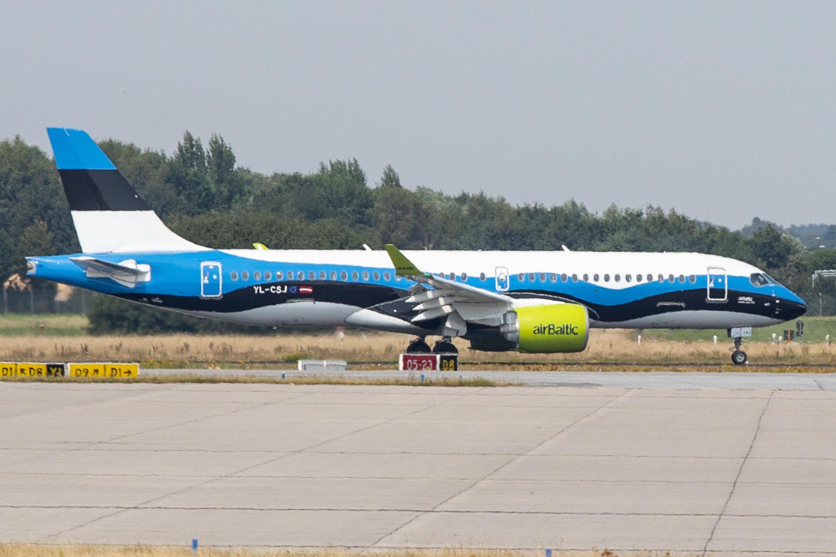 Hamburg Airport: Air Baltic (BT / BTI) |  Livery: Estonian Flag Livery |  Airbus A220-300 BCS3 | YL-CSJ | MSN 55038