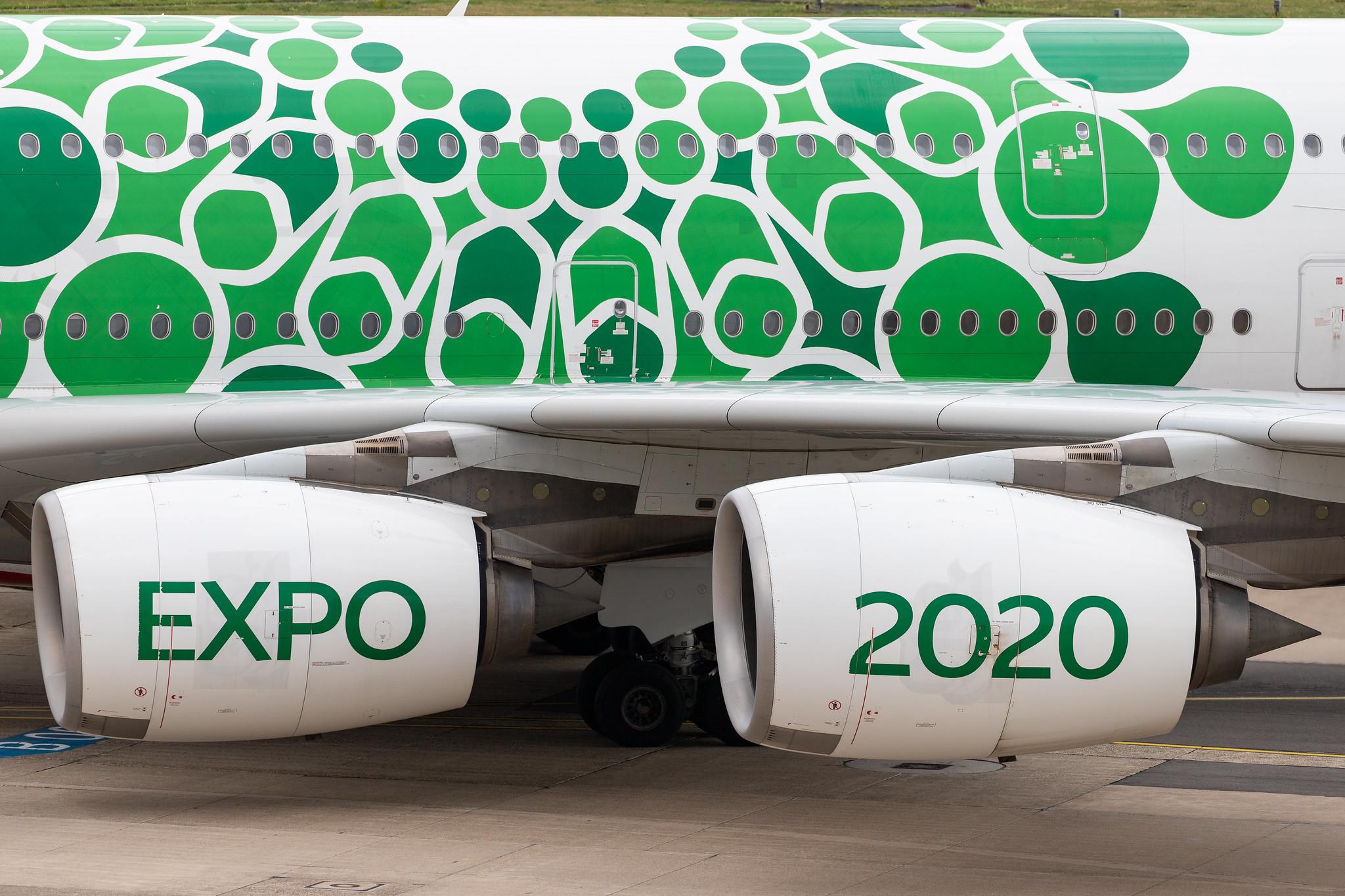 Düsseldorf Airport: Emirates (EK / UAE) |  Livery: Expo 2020 - Sustainability Livery |  Airbus A380-861 A388 | A6-EOW | MSN 207