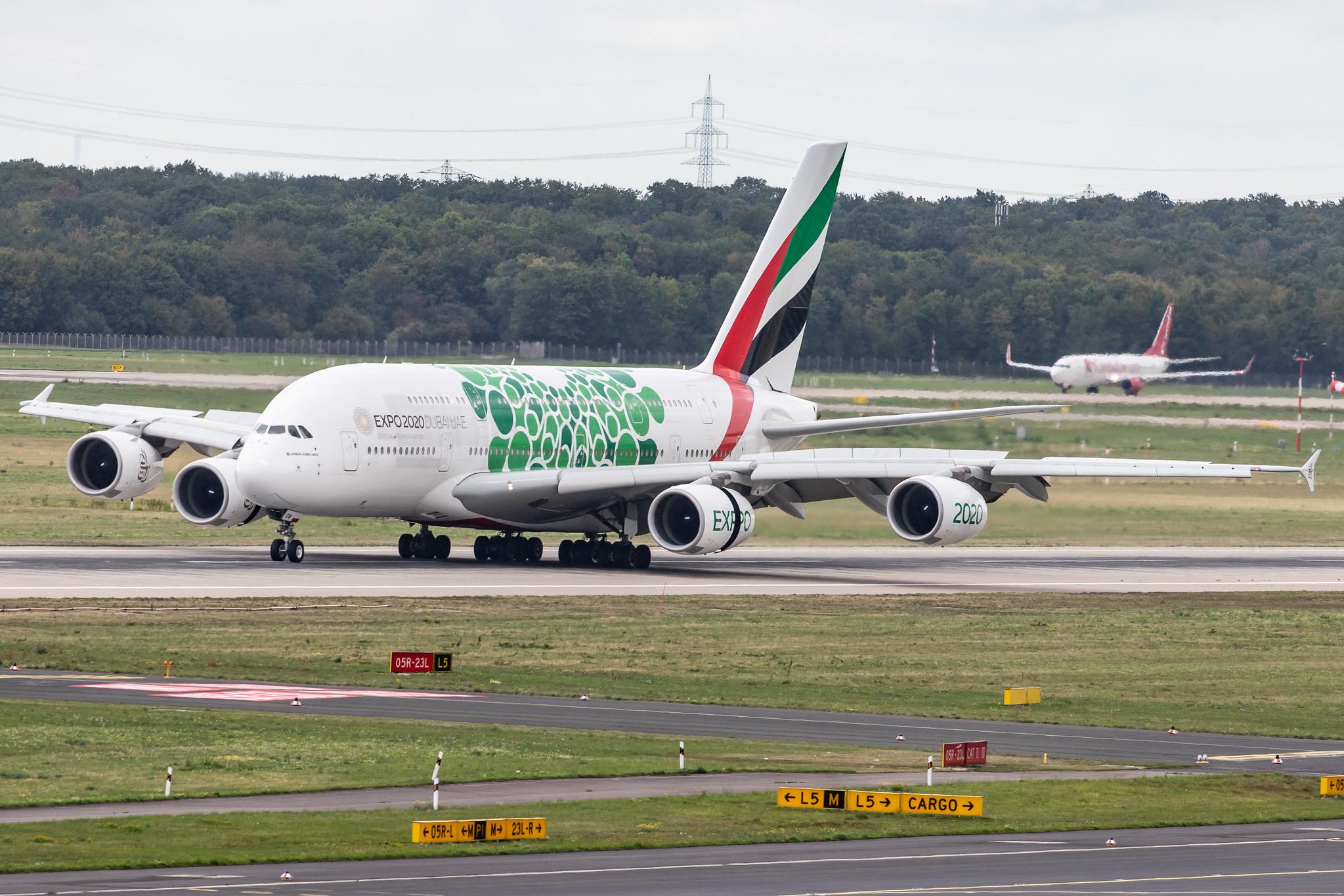 Düsseldorf Airport: Emirates (EK / UAE) |  Livery: Expo 2020 - Sustainability Livery |  Airbus A380-861 A388 | A6-EOW | MSN 207