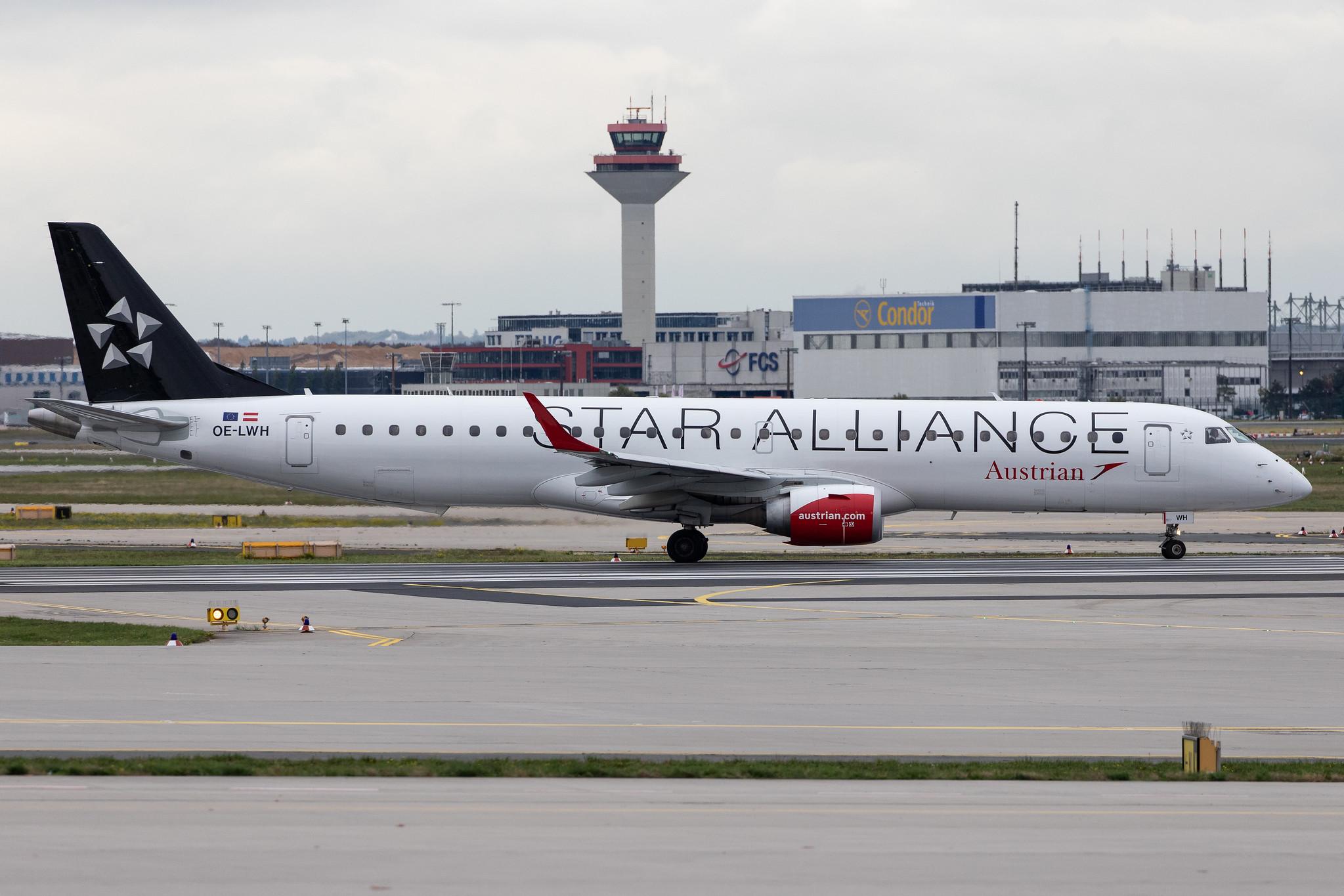 Frankfurt Airport: Austrian Airlines (OS / AUA) |  Livery: Star Alliance Livery |  Embraer E195LR E195 | OE-LWH | MSN 19000486