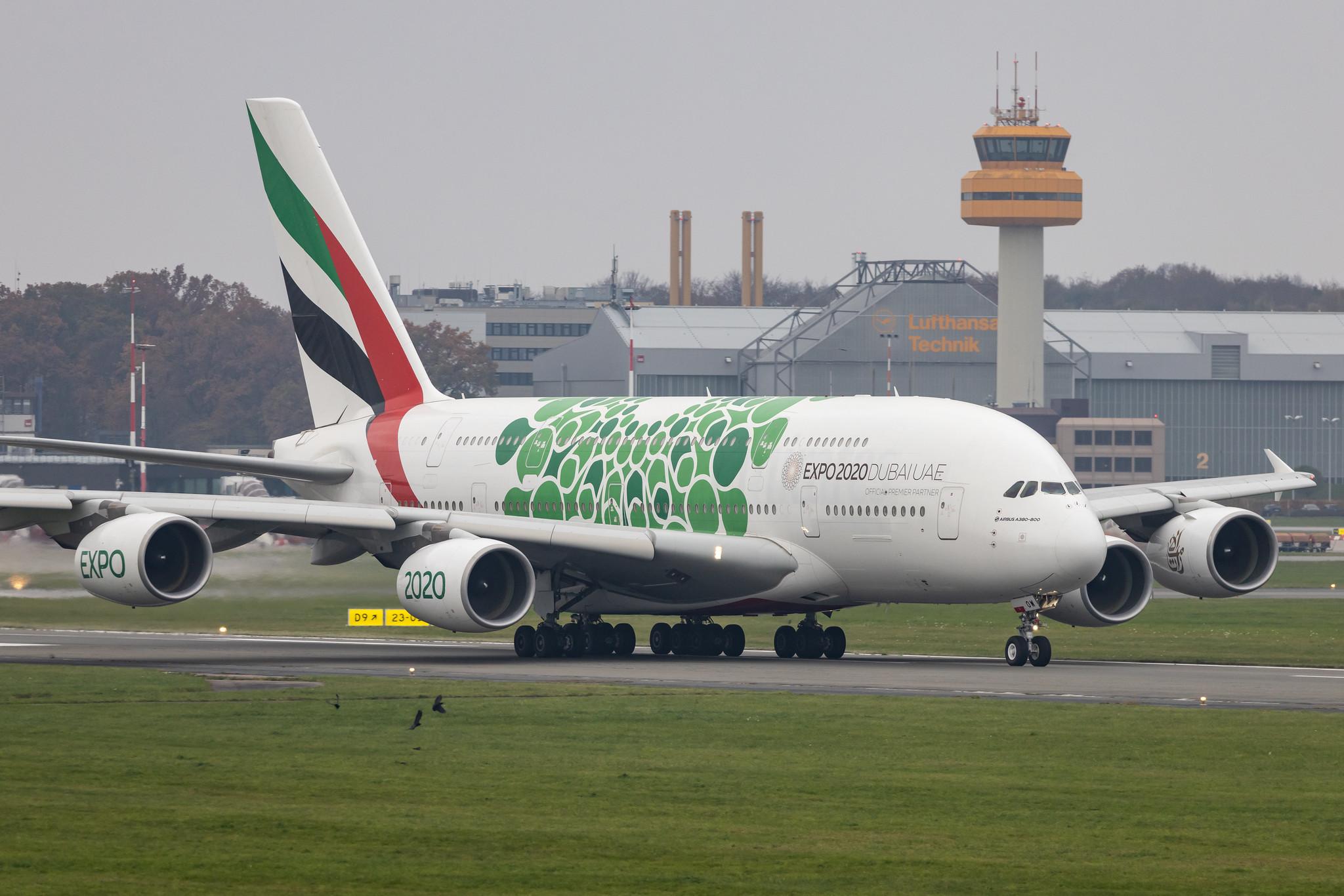 Hamburg Airport: Emirates (EK / UAE) |  Livery: Expo 2020 - Sustainability Livery |  Airbus A380-861 A388 | A6-EOW | MSN 207