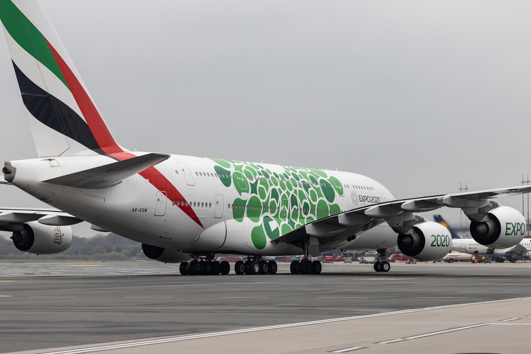 Hamburg Airport: Emirates (EK / UAE) |  Livery: Expo 2020 - Sustainability Livery |  Airbus A380-861 A388 | A6-EOW | MSN 207