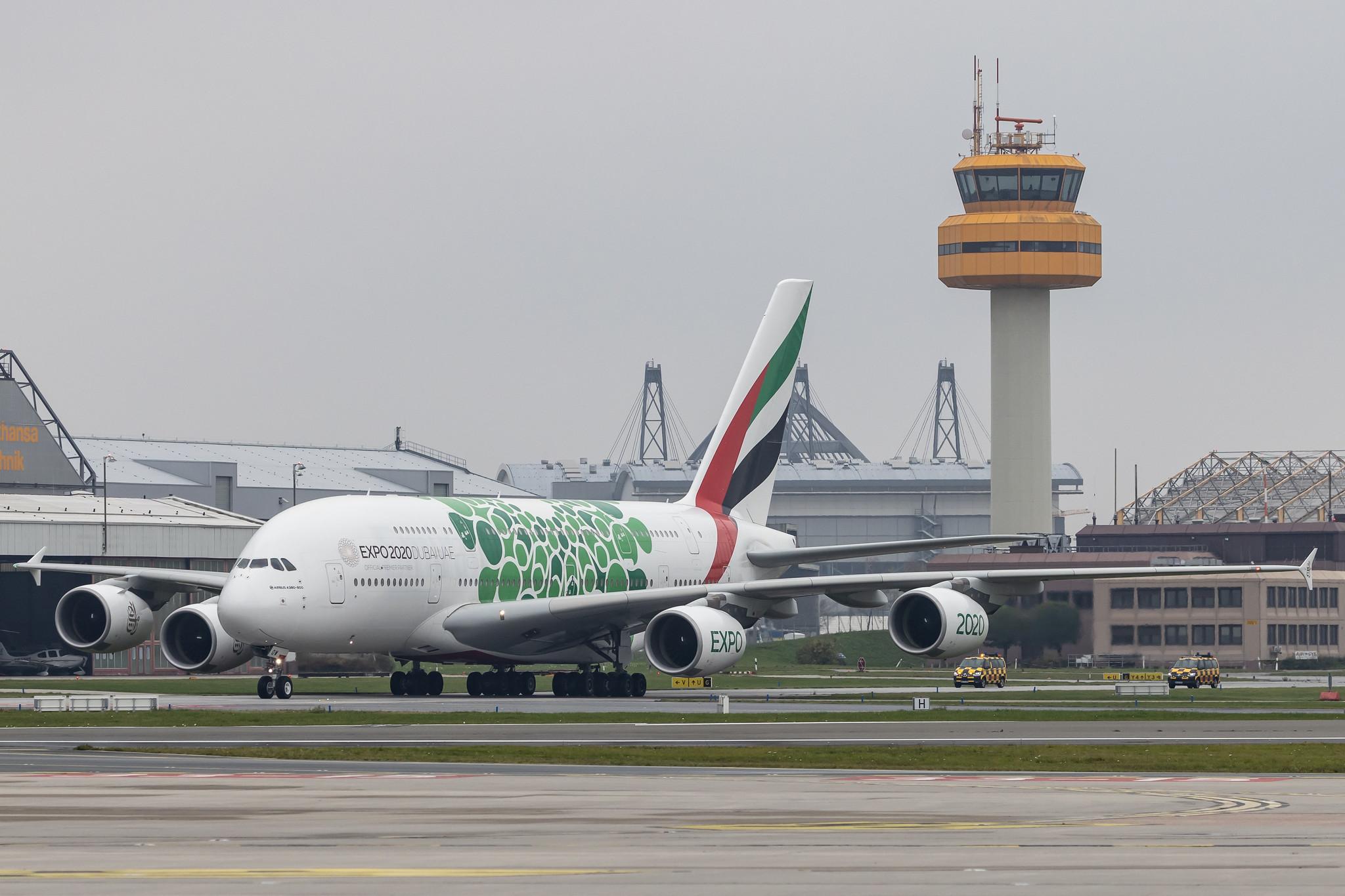 Hamburg Airport: Emirates (EK / UAE) |  Livery: Expo 2020 - Sustainability Livery |  Airbus A380-861 A388 | A6-EOW | MSN 207
