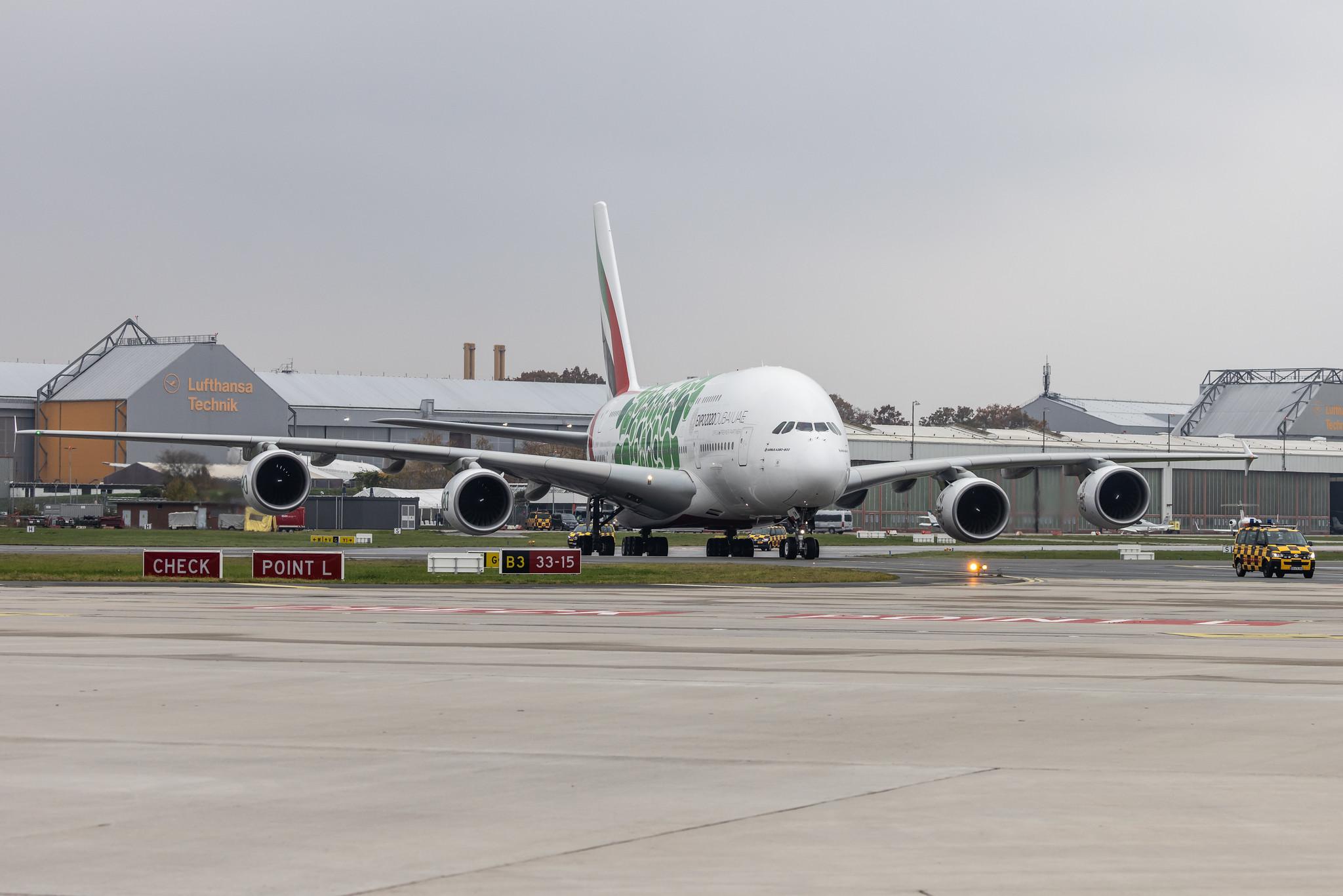 Hamburg Airport: Emirates (EK / UAE) |  Livery: Expo 2020 - Sustainability Livery |  Airbus A380-861 A388 | A6-EOW | MSN 207