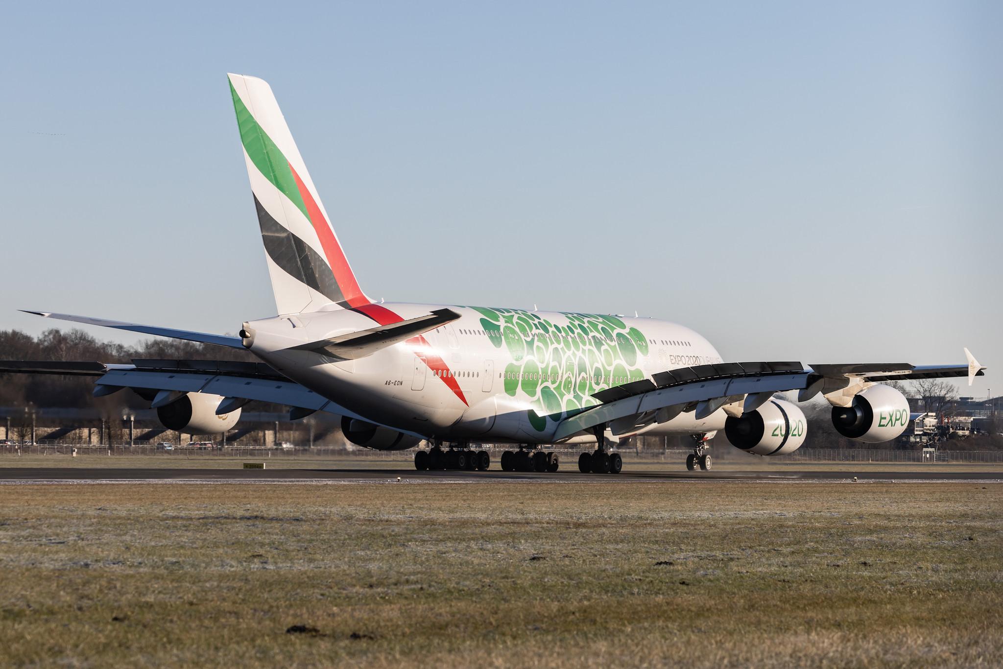 Hamburg Airport: Emirates (EK / UAE) |  Livery: Expo 2020 - Sustainability Livery |  Airbus A380-861 A388 | A6-EON | MSN 188