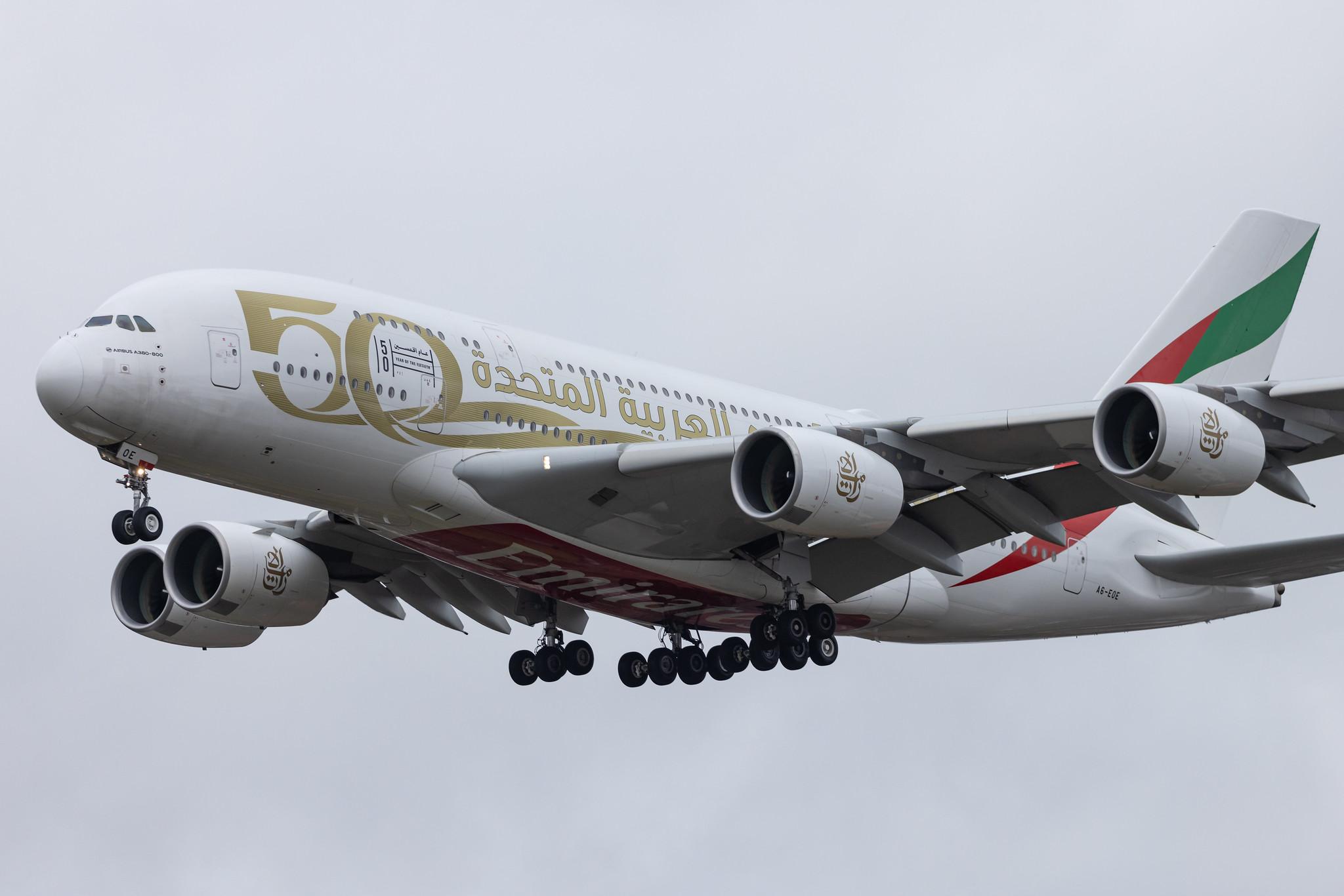 Hamburg Airport: Emirates (EK / UAE) |  Livery: Year of the Fiftieth Livery |  Airbus A380-861 A388 | A6-EOE | MSN 169