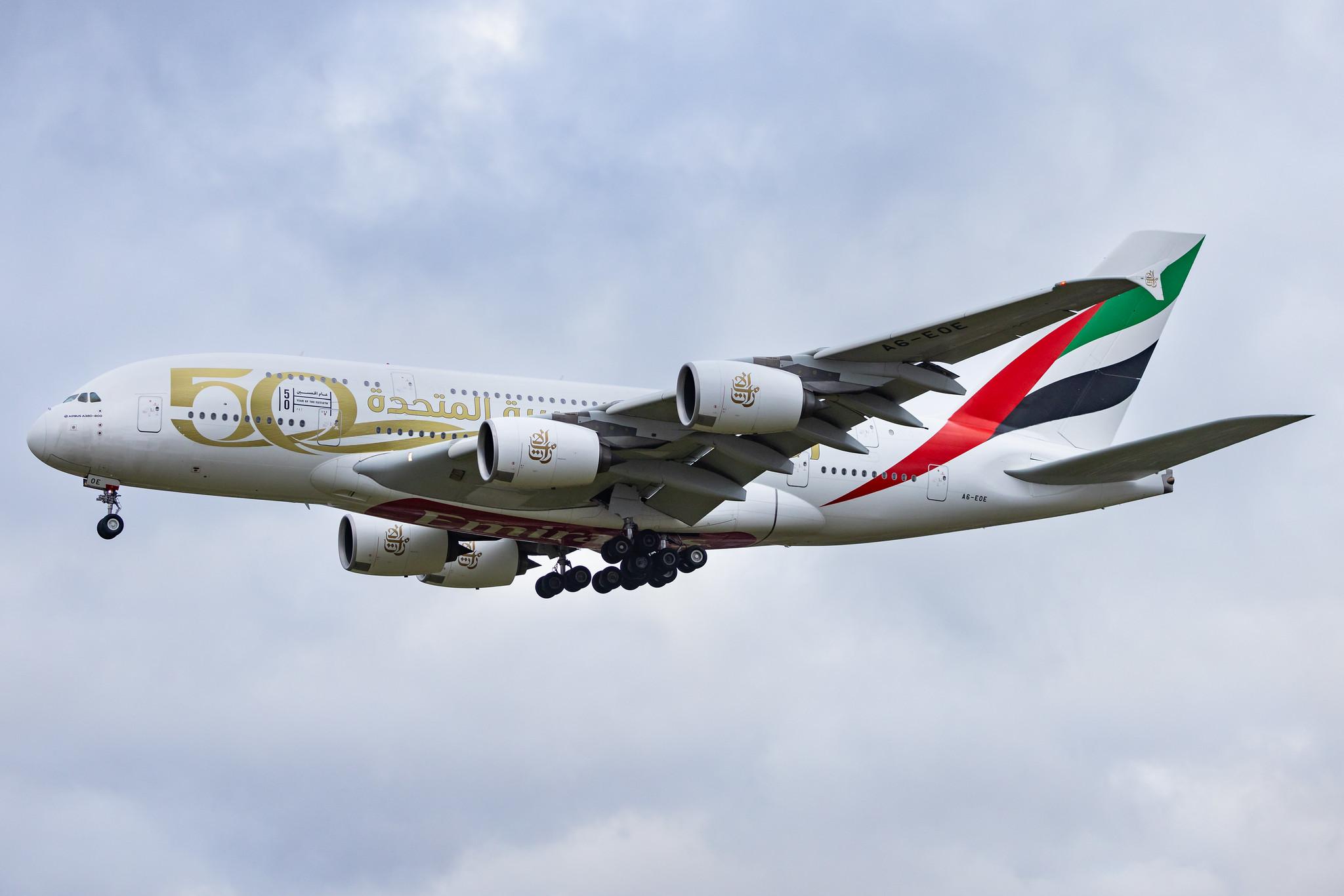 Hamburg Airport: Emirates (EK / UAE) |  Livery: Year of the Fiftieth Livery |  Airbus A380-861 A388 | A6-EOE | MSN 169