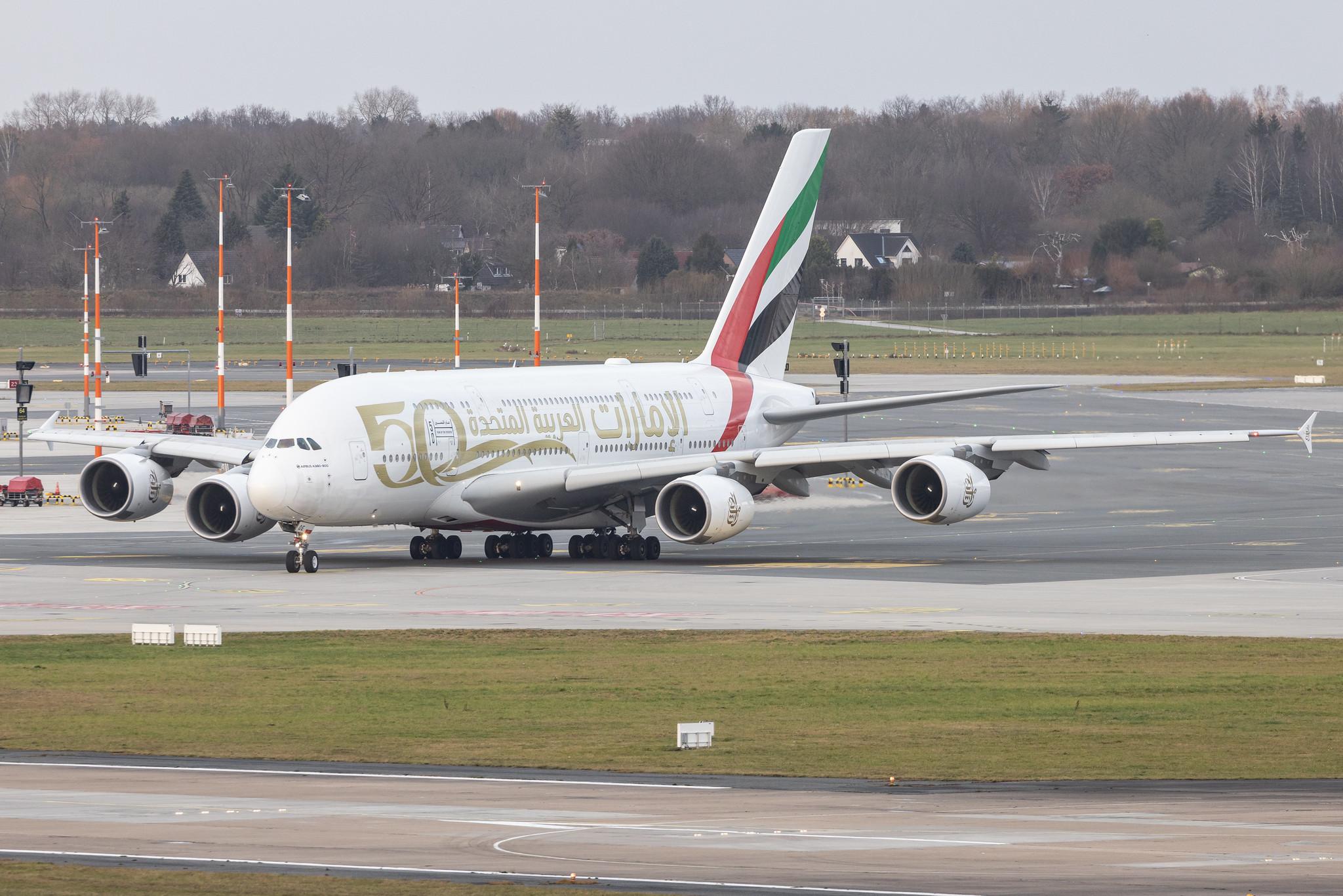 Hamburg Airport: Emirates (EK / UAE) |  Livery: Year of the Fiftieth Livery |  Airbus A380-861 A388 | A6-EOE | MSN 169