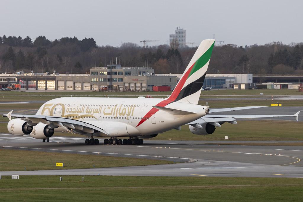 Hamburg Airport: Emirates (EK / UAE) |  Livery: Year of the Fiftieth Livery |  Airbus A380-861 A388 | A6-EOE | MSN 169