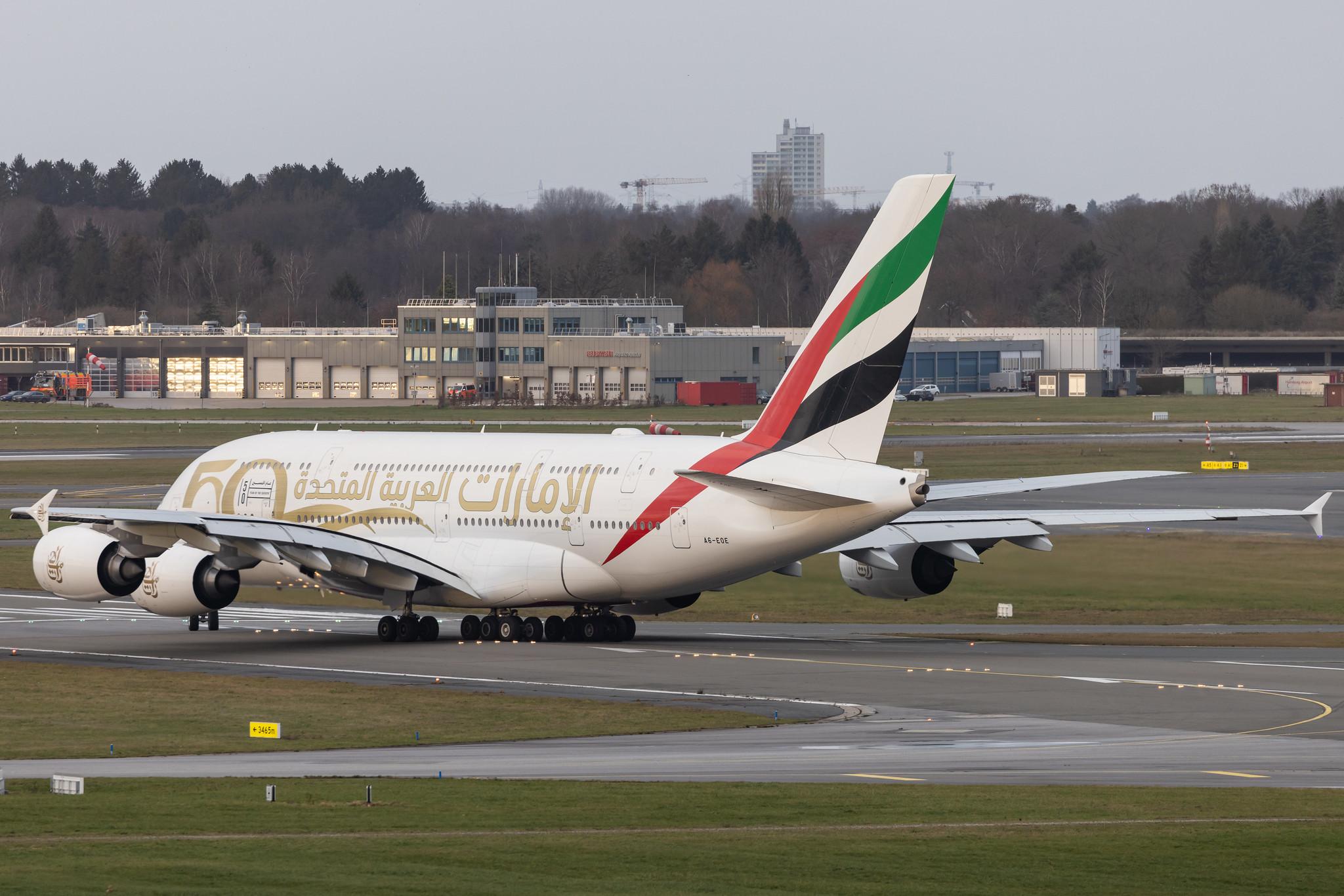 Hamburg Airport: Emirates (EK / UAE) |  Livery: Year of the Fiftieth Livery |  Airbus A380-861 A388 | A6-EOE | MSN 169