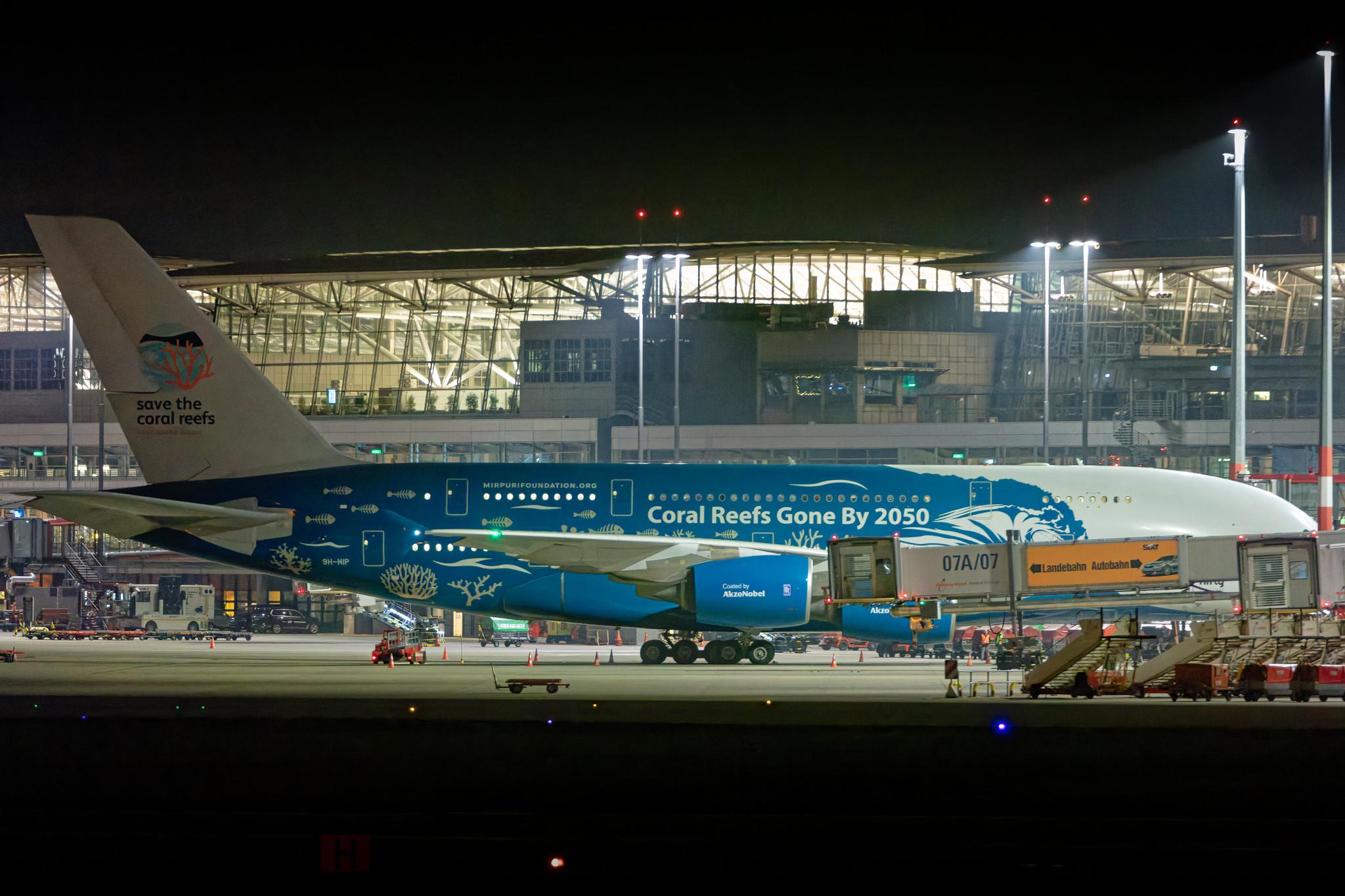 Hamburg Airport: Hi Fly (5K / HFY) |  Livery: Save the Coral Reefs Livery | Operator: Hi Fly Malta |  Airbus A380-841 A388 | 9H-MIP | MSN 006