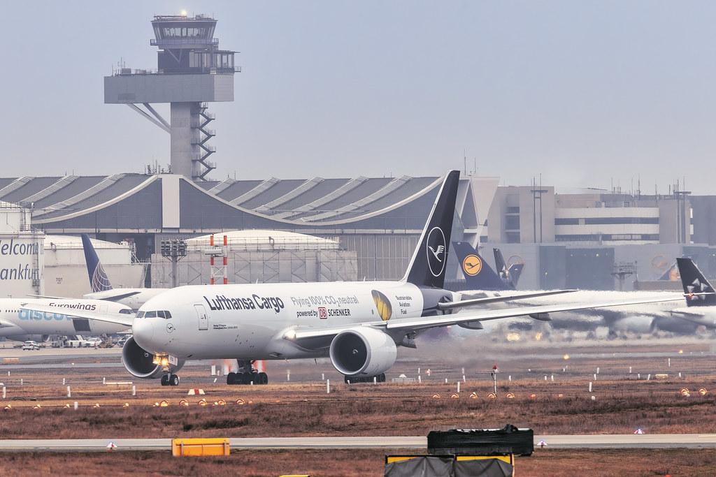 Frankfurt Airport: Lufthansa Cargo (/ GEC) |  Livery: Flying 100% CO? neutral Livery |  Boeing 777-F B77L | D-ALFG | MSN 66090