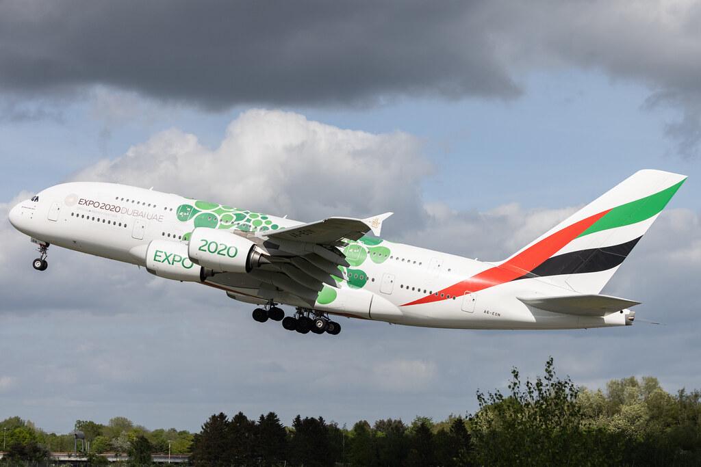 Hamburg Airport: Emirates (EK / UAE) |  Livery: Expo 2020 - Sustainability Livery |  Airbus A380-861 A388 | A6-EON | MSN 188