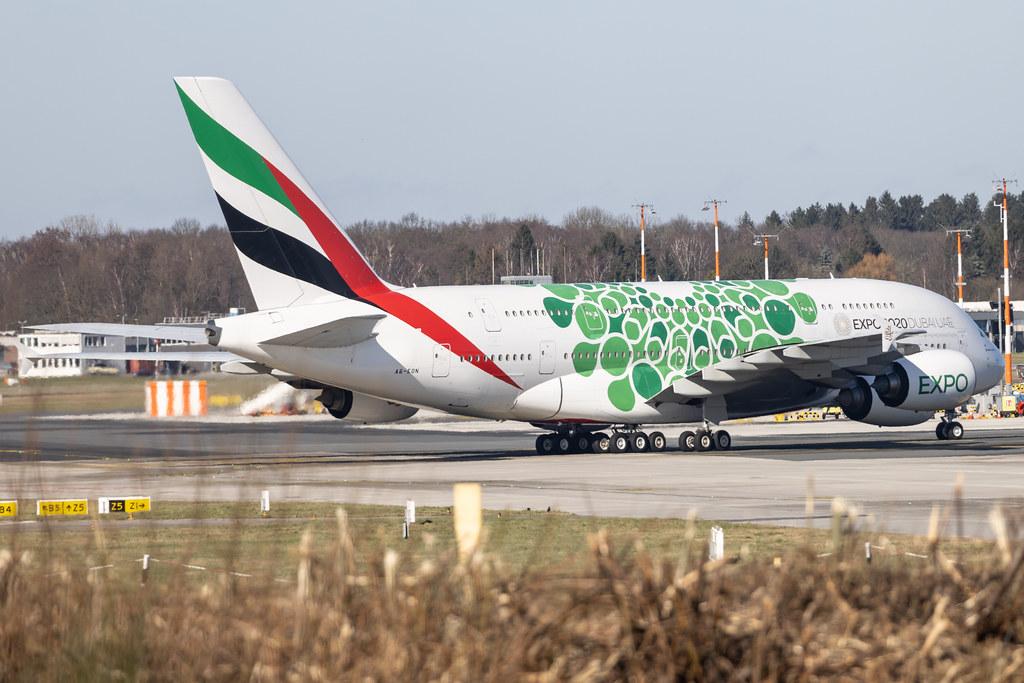 Hamburg Airport: Emirates (EK / UAE) |  Livery: Expo 2020 - Sustainability Livery | Airbus A380-861 A388 | A6-EON | MSN 188