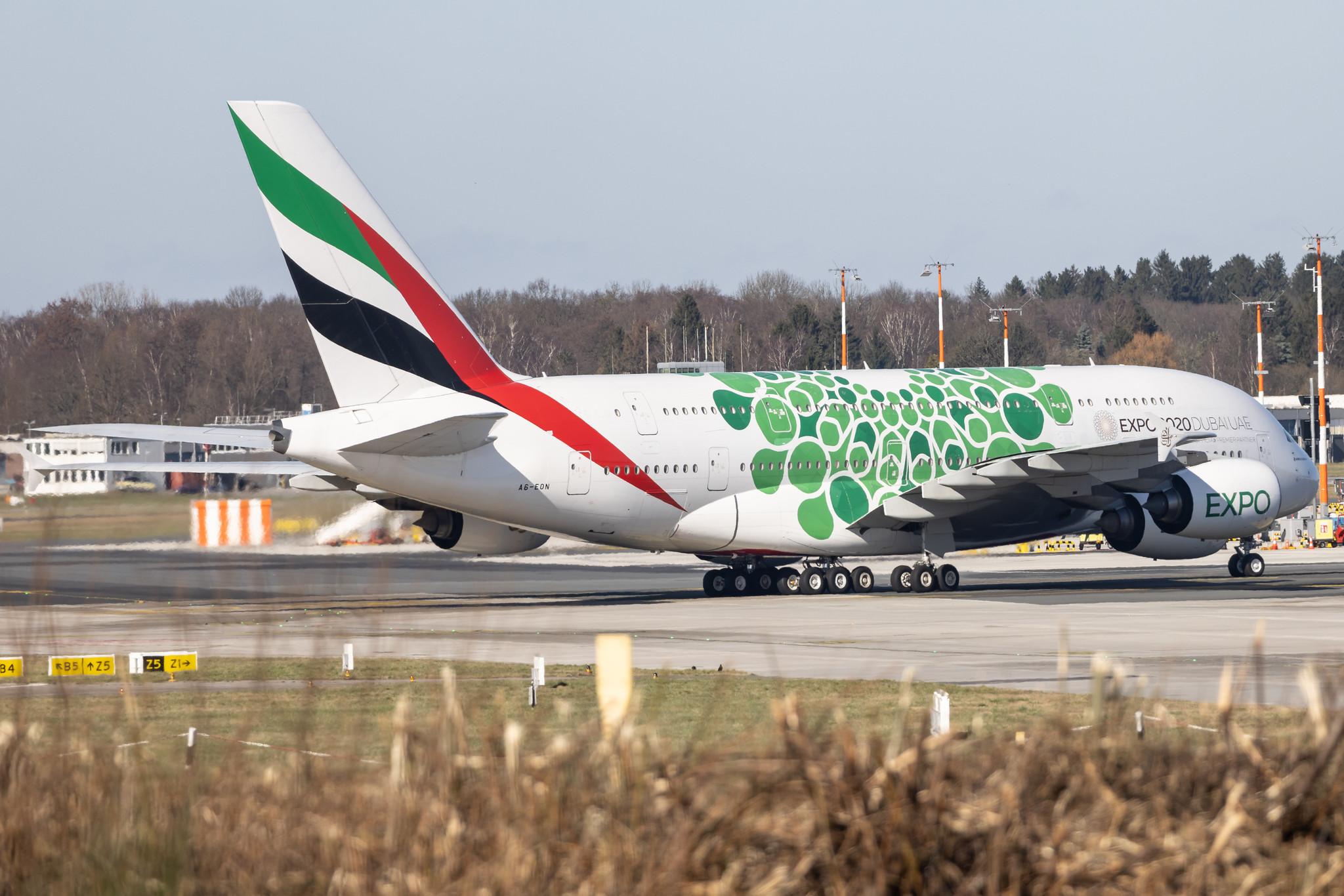 Hamburg Airport: Emirates (EK / UAE) |  Livery: Expo 2020 - Sustainability Livery | Airbus A380-861 A388 | A6-EON | MSN 188