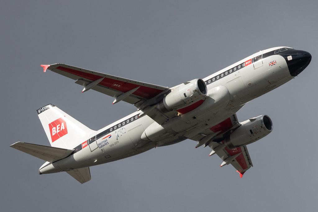 London Heathrow: British Airways (BA / BAW) |  Livery: BEA Retro Livery |  Airbus A319-131 A319 | G-EUPJ | MSN 1232