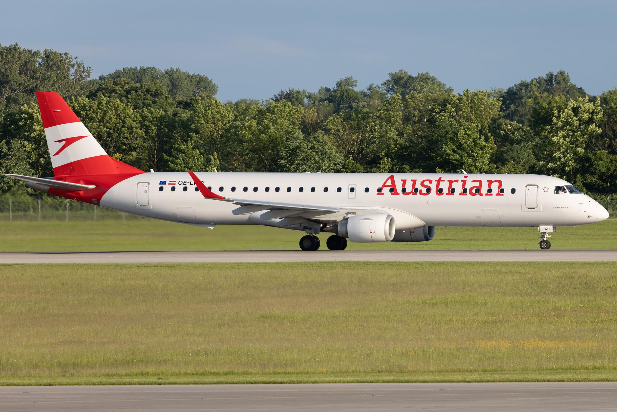 Munich Airport: Austrian Airlines (OS / AUA) | Embraer E195LR E195 | OE-LWD | MSN 19000411