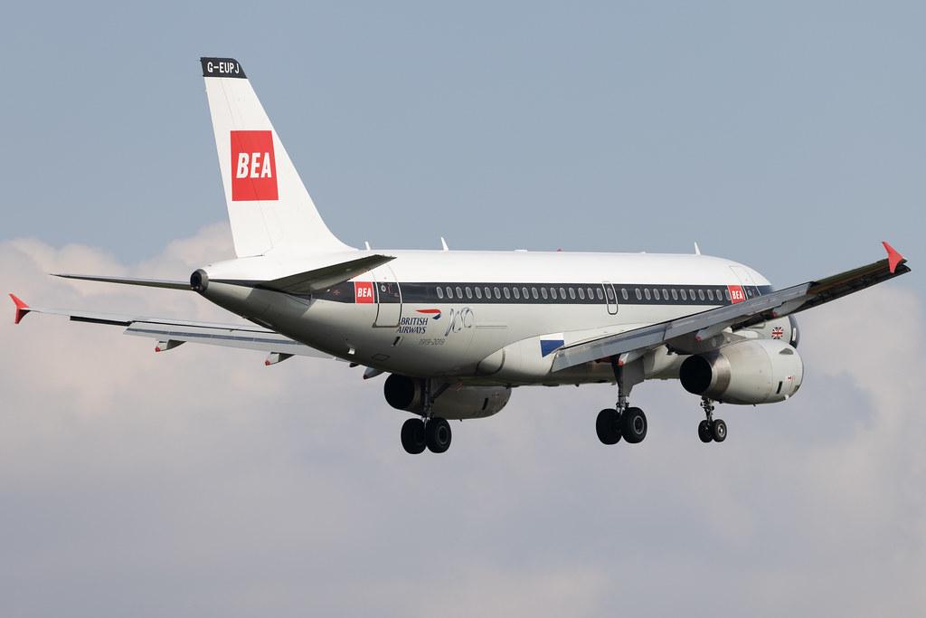 London Heathrow: British Airways (BA / BAW) | Livery: BEA Retro Livery | Airbus A319-131 A319 | G-EUPJ | MSN 1232