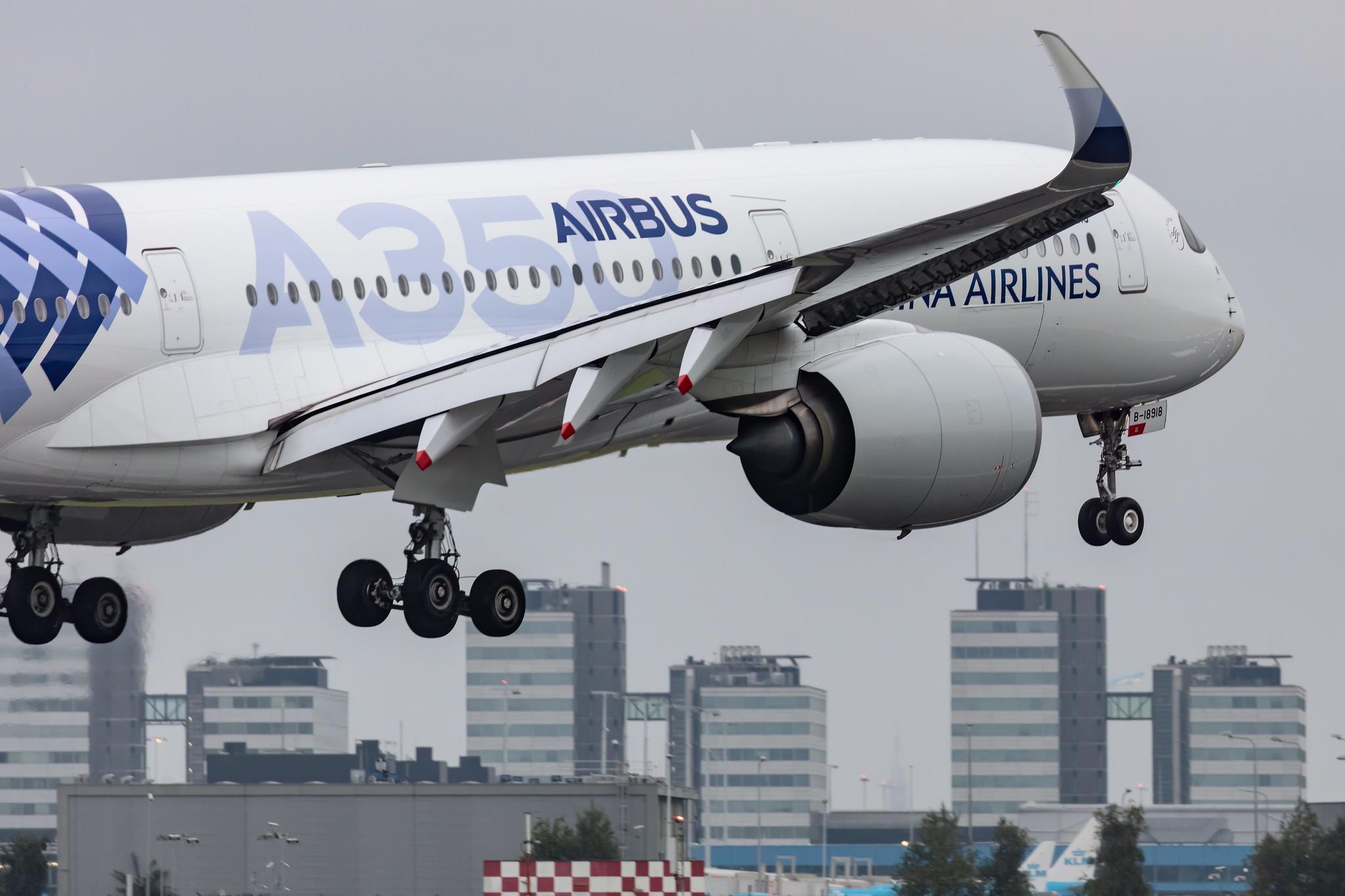 Amsterdam Schiphol: China Airlines (CI / CAL) |  Livery: Carbon Fibre - Airbus Livery |  Airbus A350-941 A359 | B-18918 | MSN 239