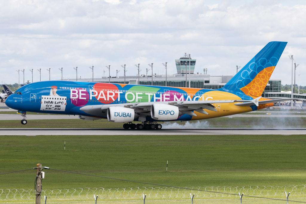 Munich Airport: Emirates (EK / UAE) |  Livery: Destination Dubai Livery |  Airbus A380-861 A388 | A6-EOT | MSN 204