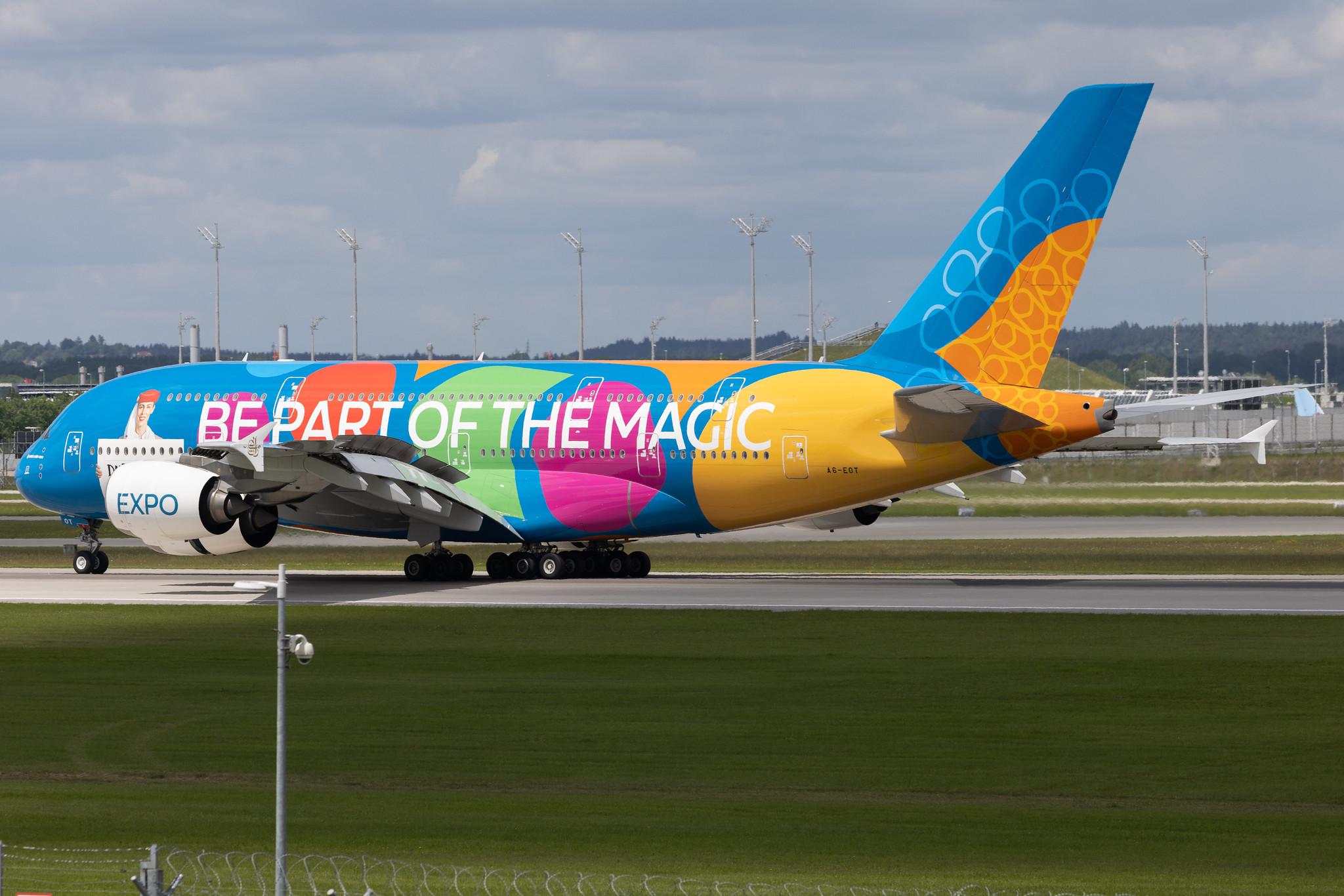 Munich Airport: Emirates (EK / UAE) |  Livery: Destination Dubai Livery |  Airbus A380-861 A388 | A6-EOT | MSN 204
