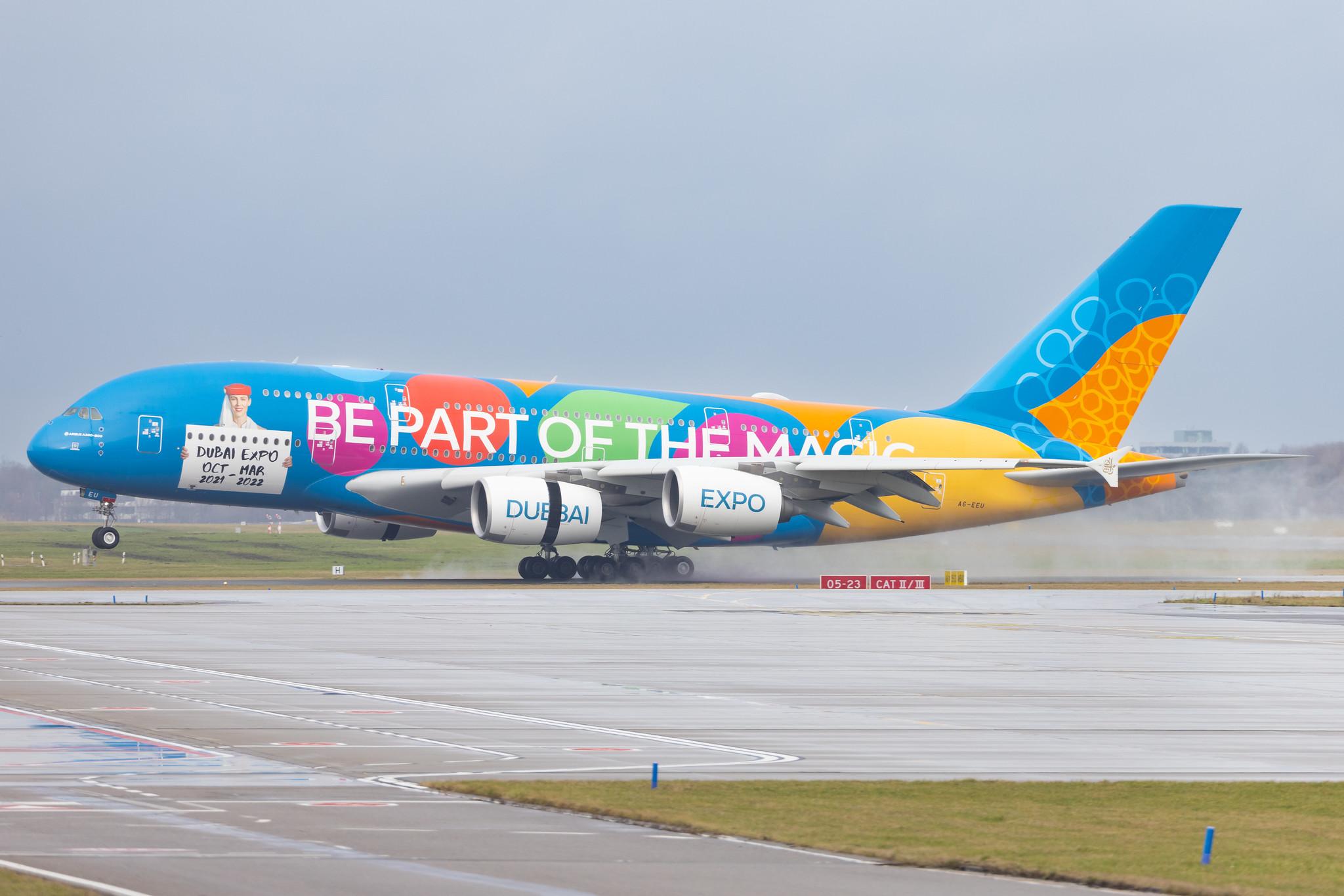 Hamburg Airport: Emirates (EK / UAE) |  Livery: Dubai Expo Livery |  Airbus A380-861 A388 | A6-EEU | MSN 147