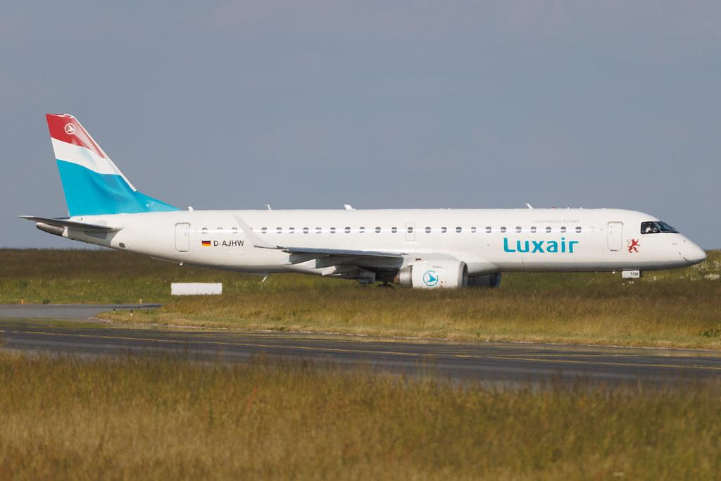 Luxembourg Findel Airport: Luxair (LG / LGL) | Operator: German Airways | Embraer E190LR E190 | D-AJHW | MSN 19000061