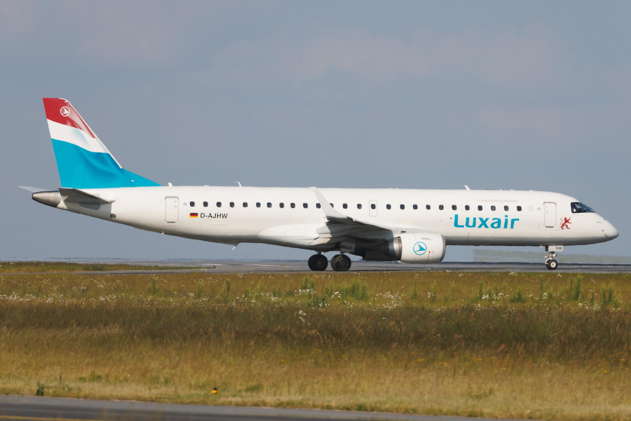 Luxembourg Findel Airport: Luxair (LG / LGL) | Operator: German Airways | Embraer E190LR E190 | D-AJHW | MSN 19000061