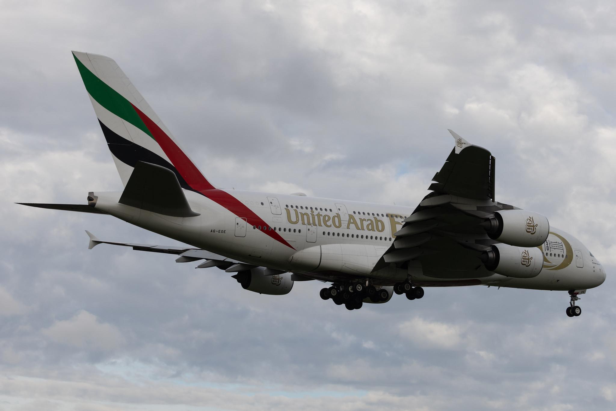 London Heathrow: Emirates (EK / UAE) | Livery: Year of the Fiftieth Livery | Airbus A380-861 A388 | A6-EOE | MSN 169