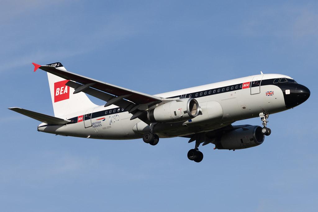 London Heathrow: British Airways (BA / BAW) | Livery: BEA Retro Livery | Airbus A319-131 A319 | G-EUPJ | MSN 1232