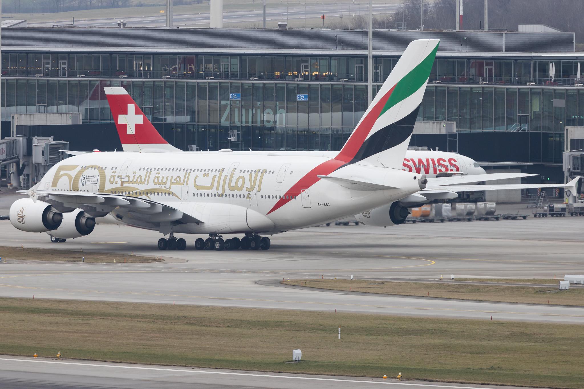 Flughafen Zürich: Emirates (EK / UAE) | Livery: Year of the Fiftieth Livery | Airbus A380-861 A388 | A6-EEX | MSN 154