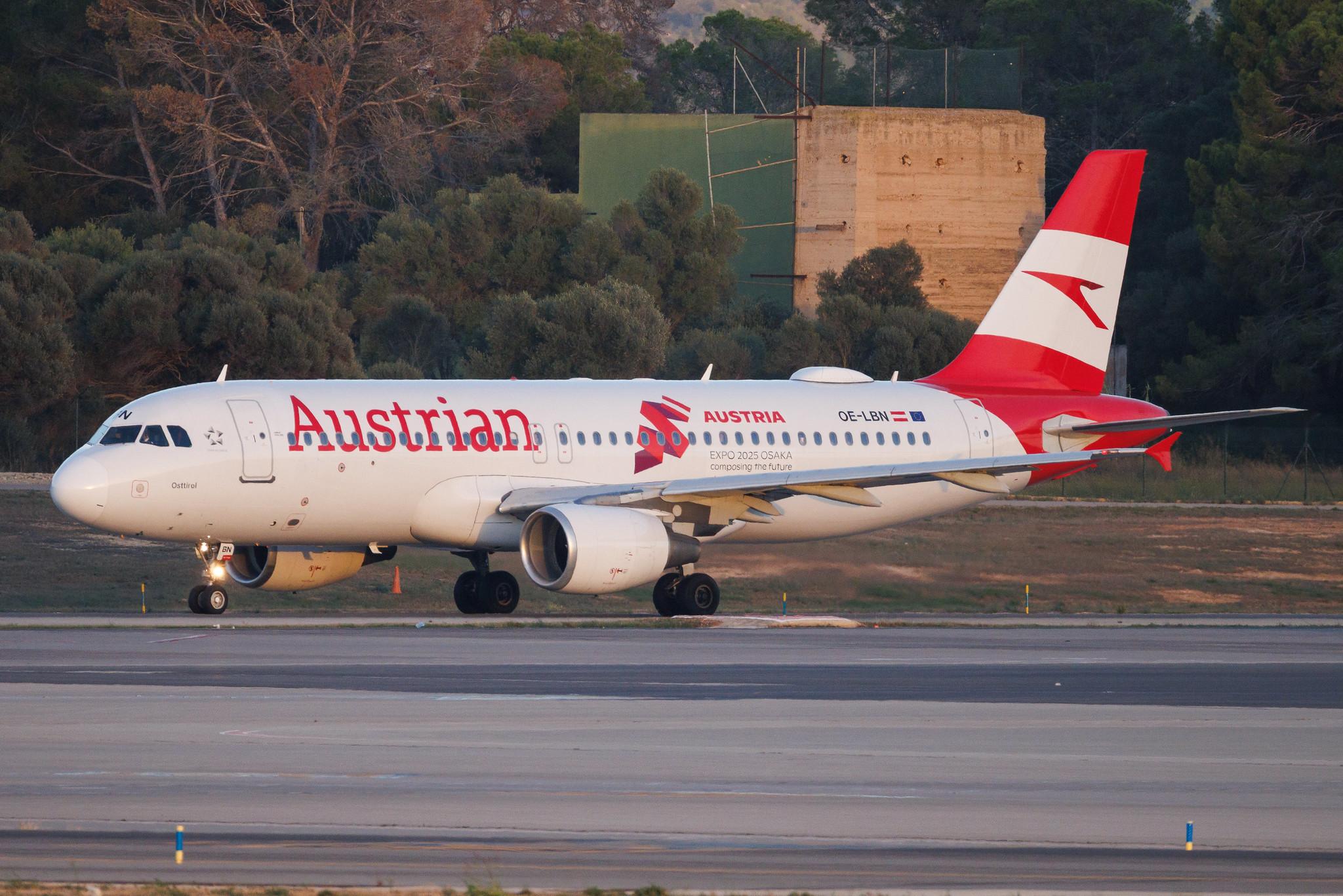 Palma de Mallorca Airport: Austrian Airlines (OS / AUA) | Livery: EXPO 2025 Osaka Stickers | Airbus A320-214 A320 | OE-LBN | MSN 0768