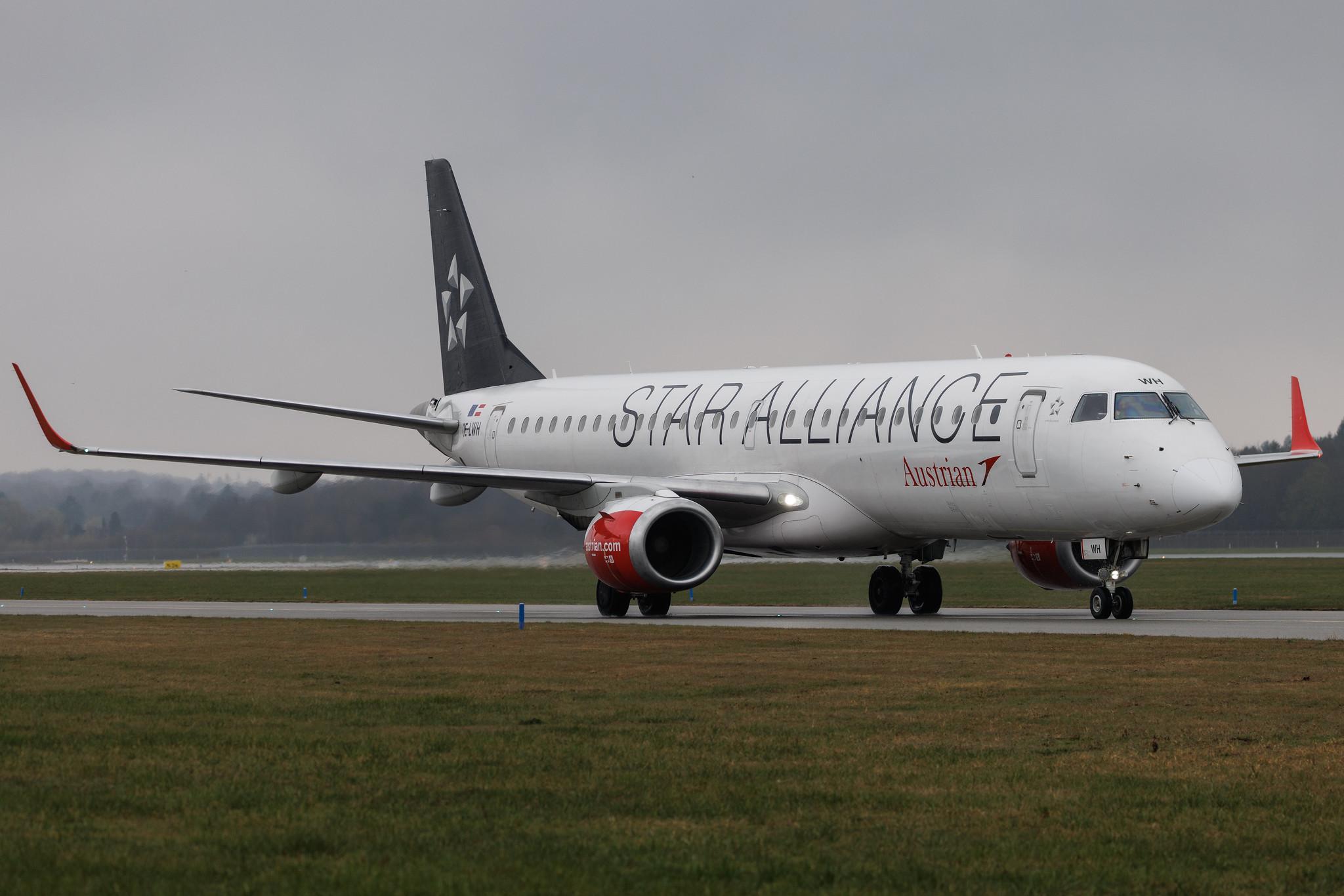 Hamburg Airport: Austrian Airlines (OS / AUA) | Livery: Star Alliance Livery | Embraer E195LR E195 | OE-LWH | MSN 19000486