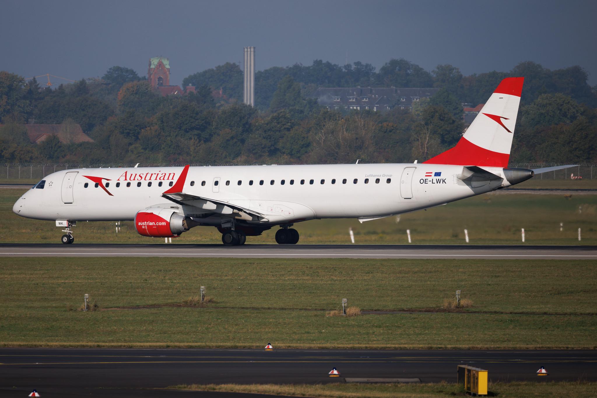 Düsseldorf Airport: Austrian Airlines (OS / AUA) | Embraer E195LR E195 | OE-LWK | MSN 19000523