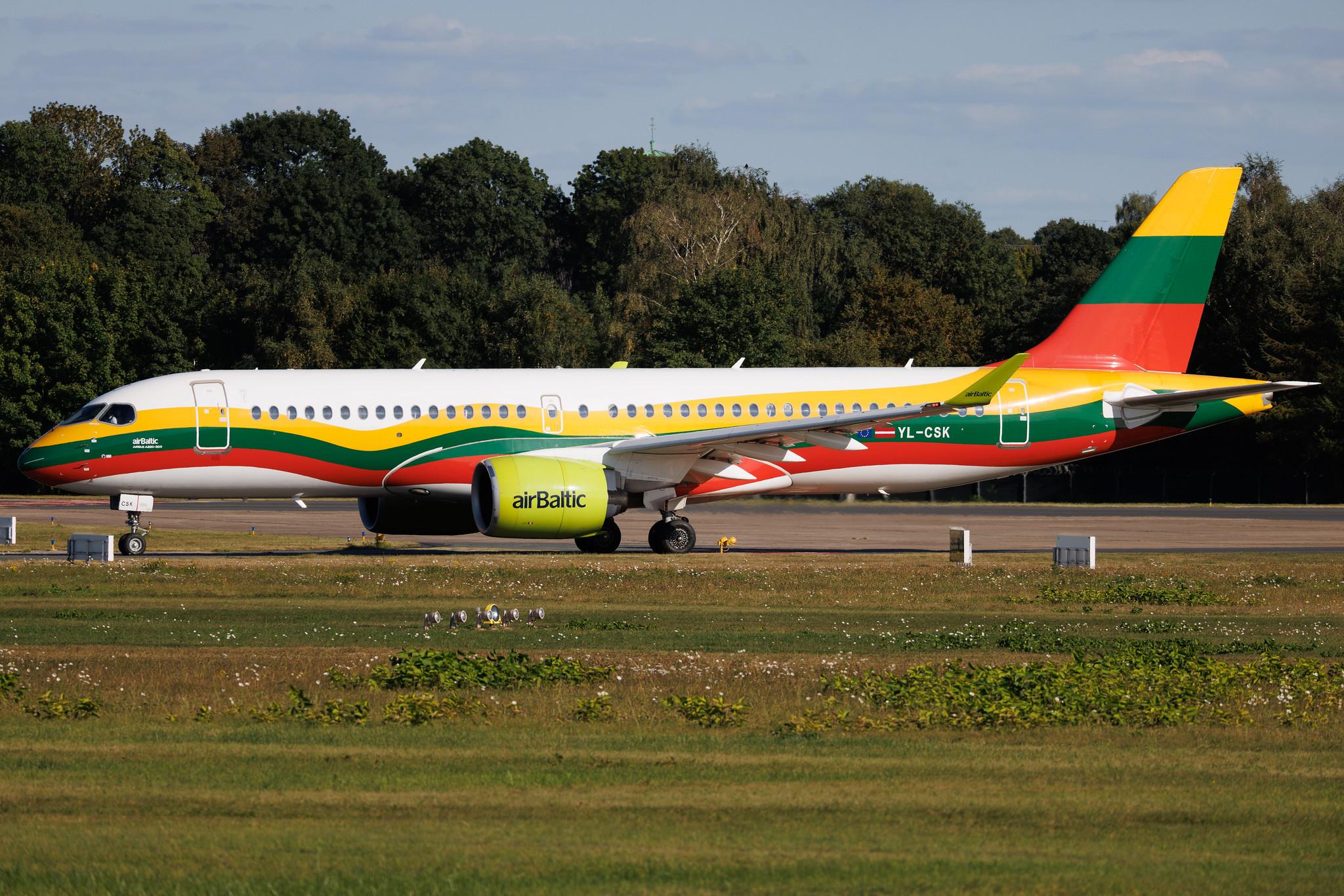 Hamburg Airport: Air Baltic (BT / BTI) | Livery: Lithuanian Flag Livery | Airbus A220-300 BCS3 | YL-CSK | MSN 55039