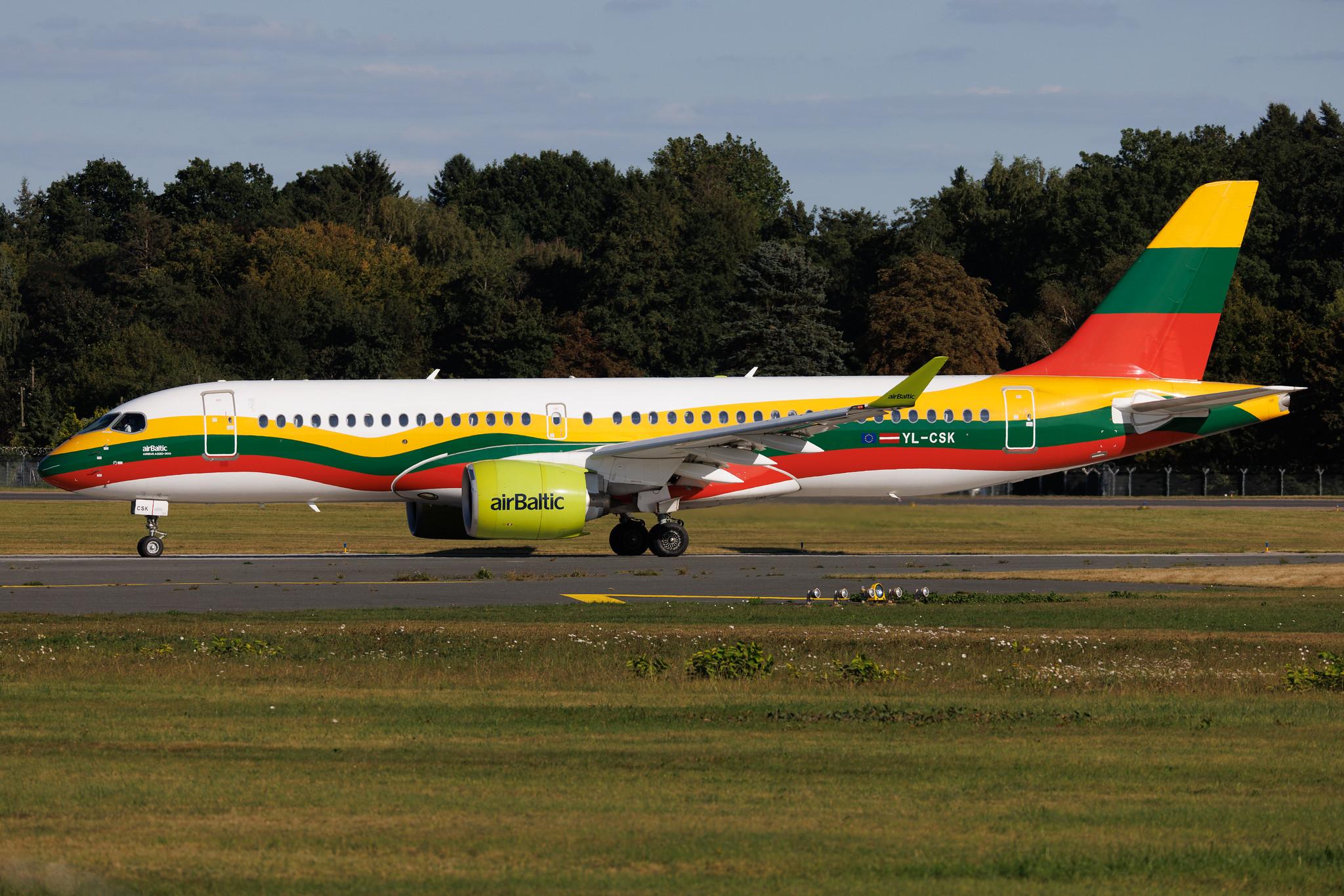 Hamburg Airport: Air Baltic (BT / BTI) | Livery: Lithuanian Flag Livery | Airbus A220-300 BCS3 | YL-CSK | MSN 55039